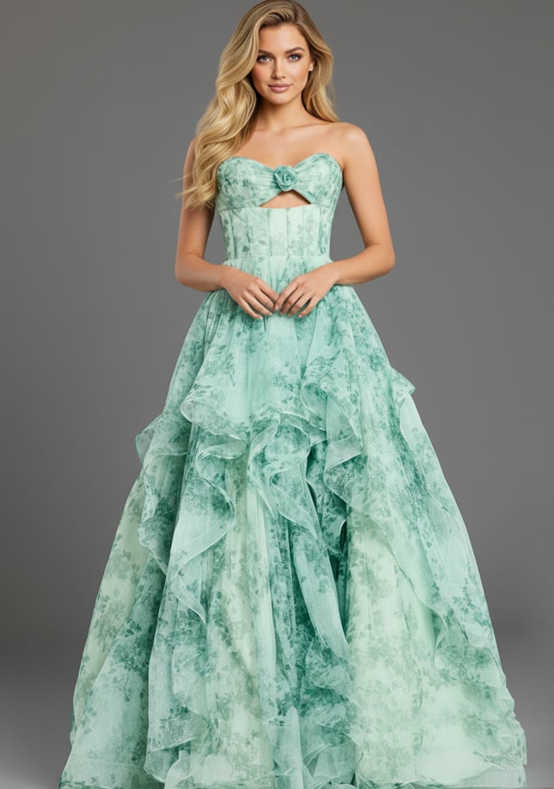 Jovani 49777 Tiered Floral Gown With Sweetheart Cutout
