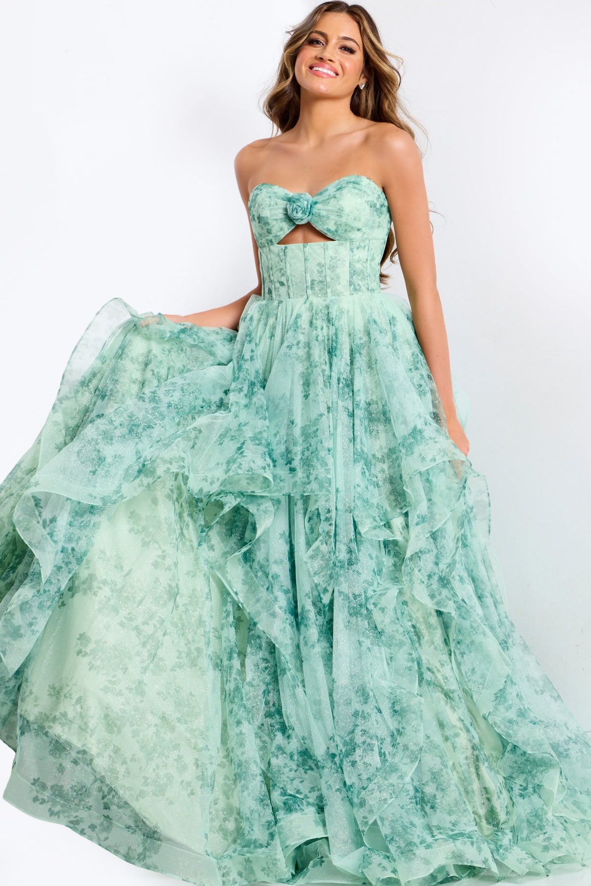 Jovani 49777 Tiered Floral Gown With Sweetheart Cutout