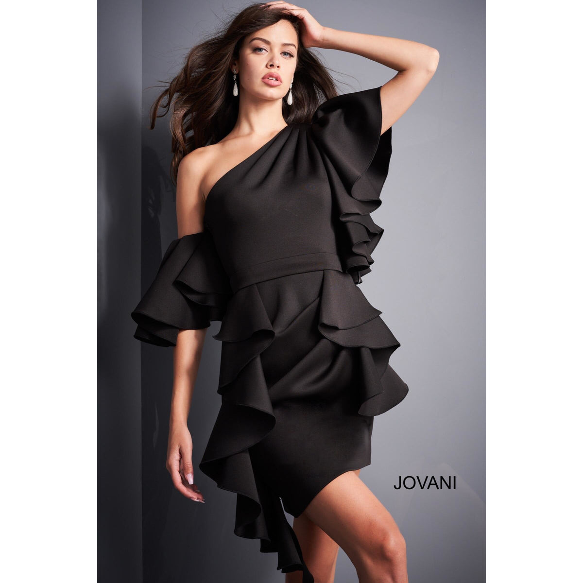 Jovani Cocktail Dress Jovani 05155 Black Ruffle Sleeve Cocktail Dress