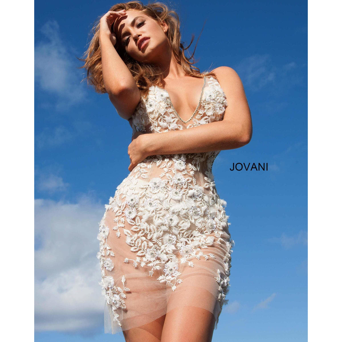 Jovani Cocktail Dress Jovani 3982 Embellished Sheer Backless Cocktail Dress
