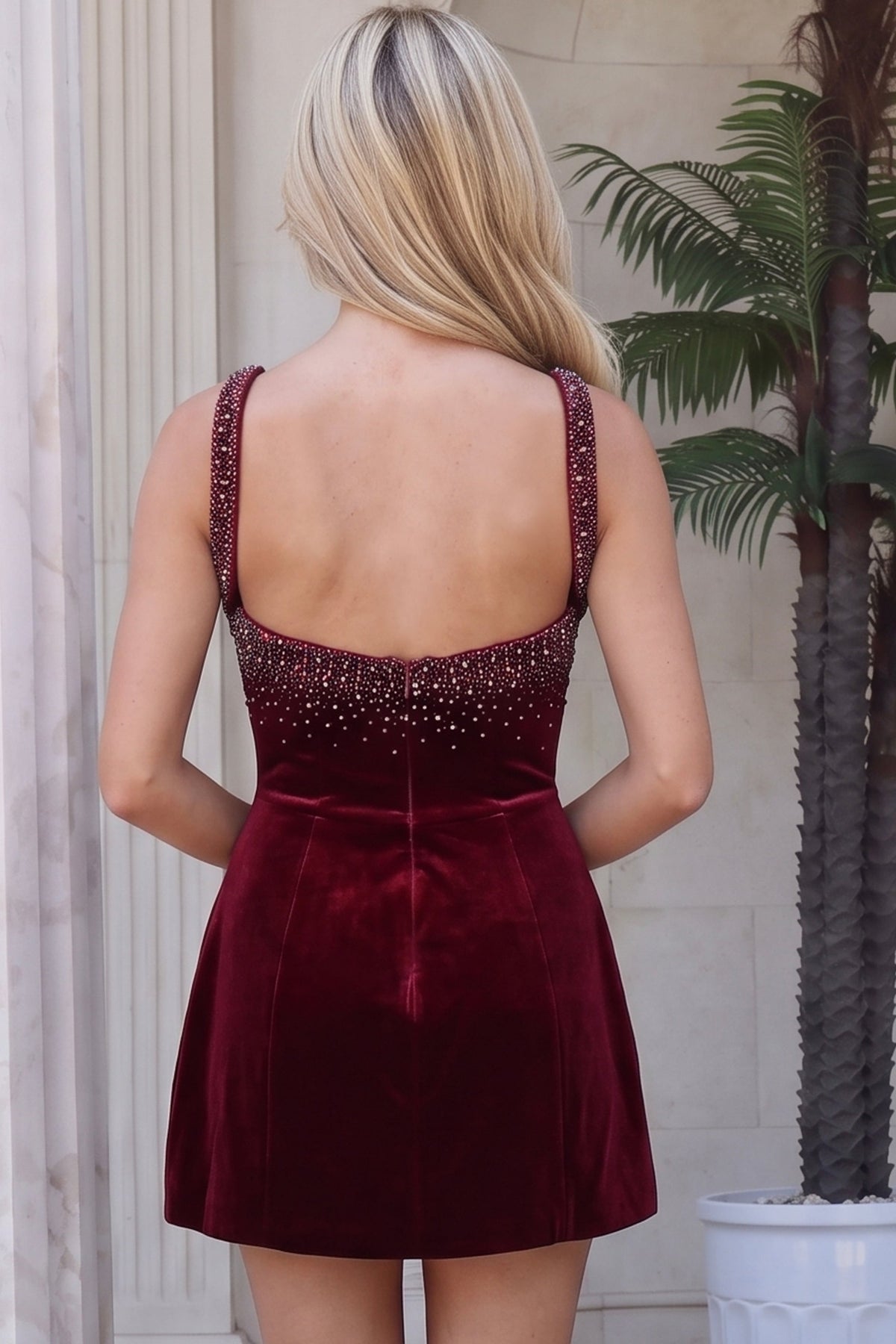 Jovani Cocktail Dress Jovani 53161 Burgundy Velvet Crystal High Neck Fit And Flare Mini Dress