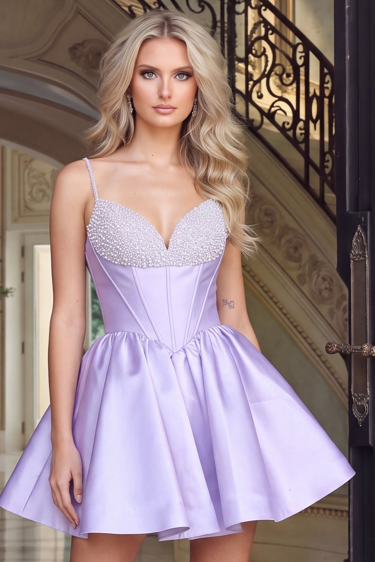 Jovani Cocktail Dress Jovani 53857 Beaded Corset Bodice Satin Fit And Flare Mini Dress