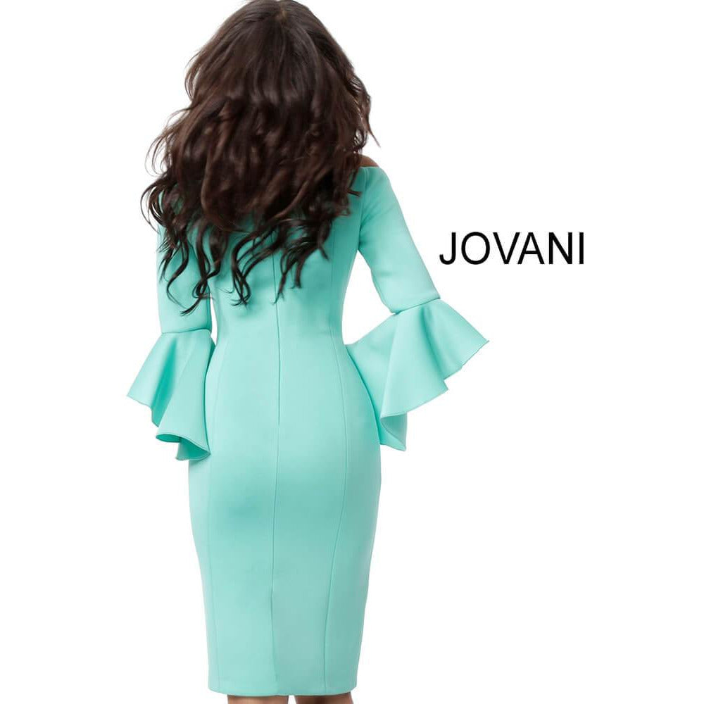 Jovani Cocktail Dress Jovani 59992 Scuba Bell Sleeve Knee Length Dress