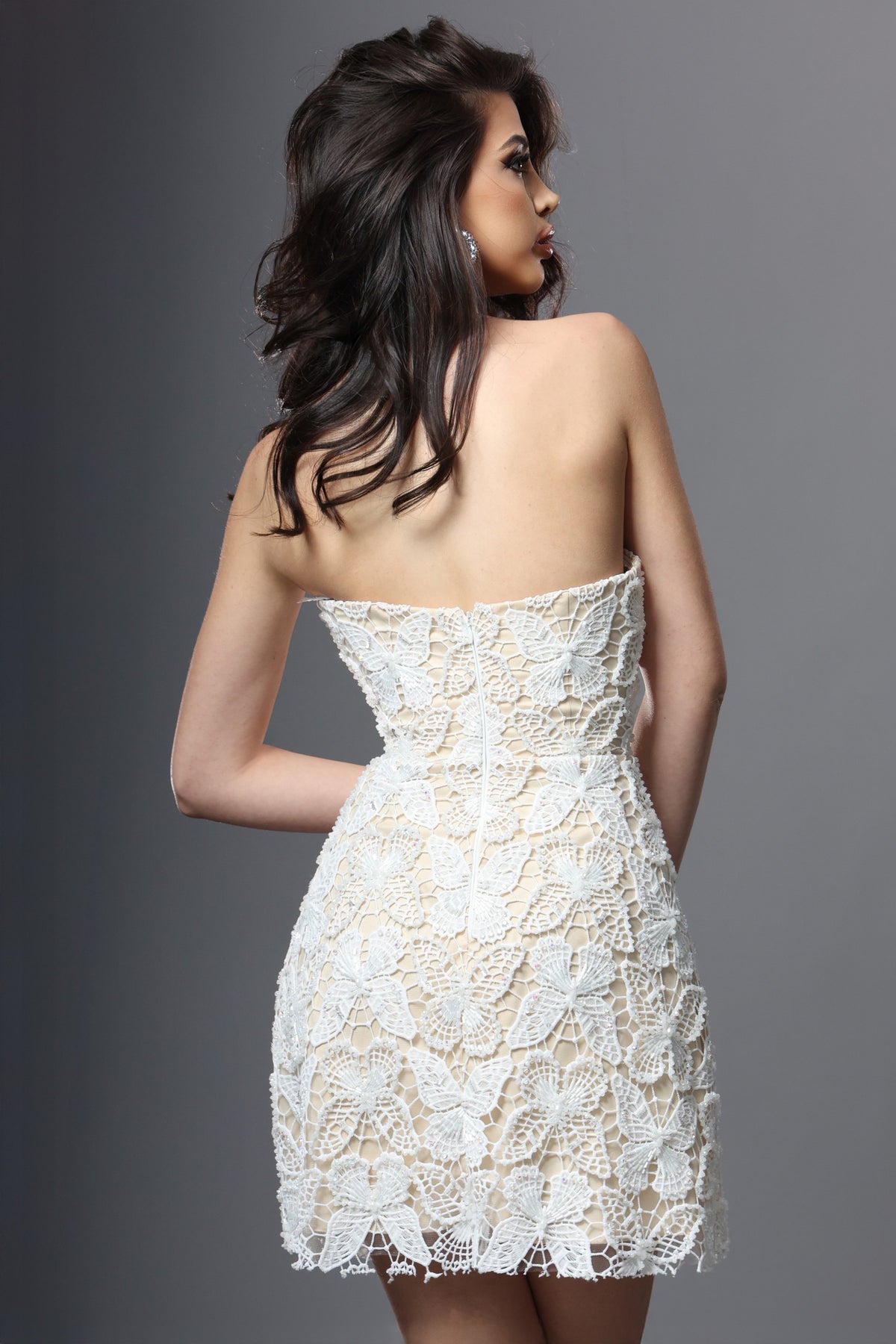 Jovani Cocktail Dress Off White/Nude Lace Butterfly Beaded Mini Dress - Jovani 51658