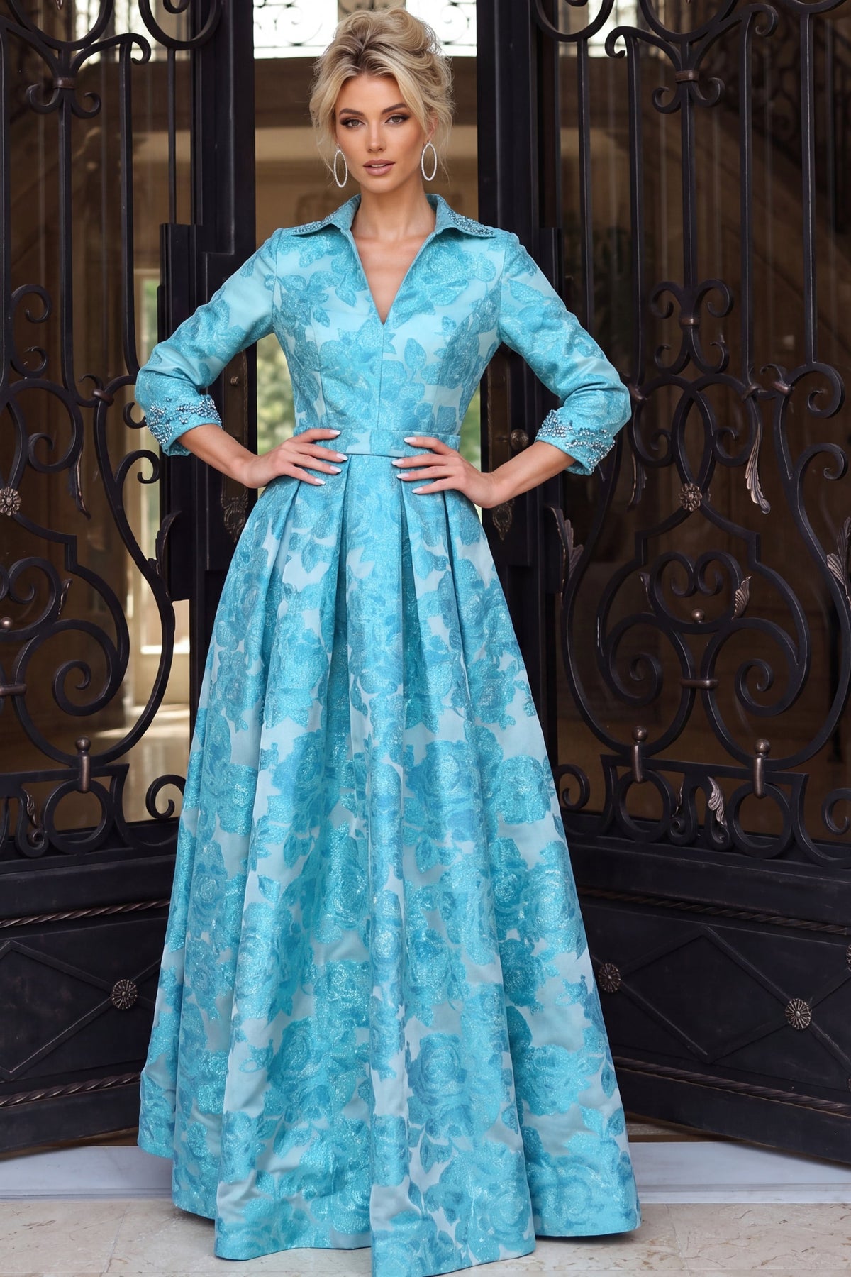 Jovani Evening Dress 00 / Aqua Jovani 52089 Aqua Floral Brocade Long Sleeve Collared A Line Gown