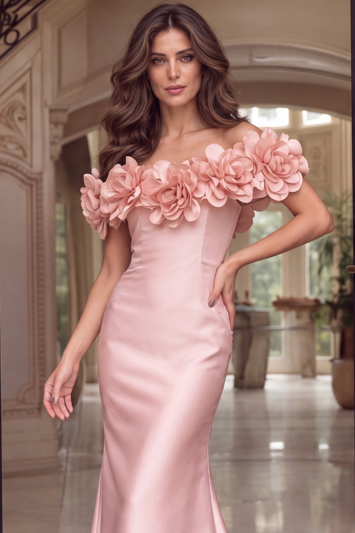 Jovani Evening Dress 00 / Black Jovani 45668 Off Shoulder Floral Applique Satin Trumpet Gown