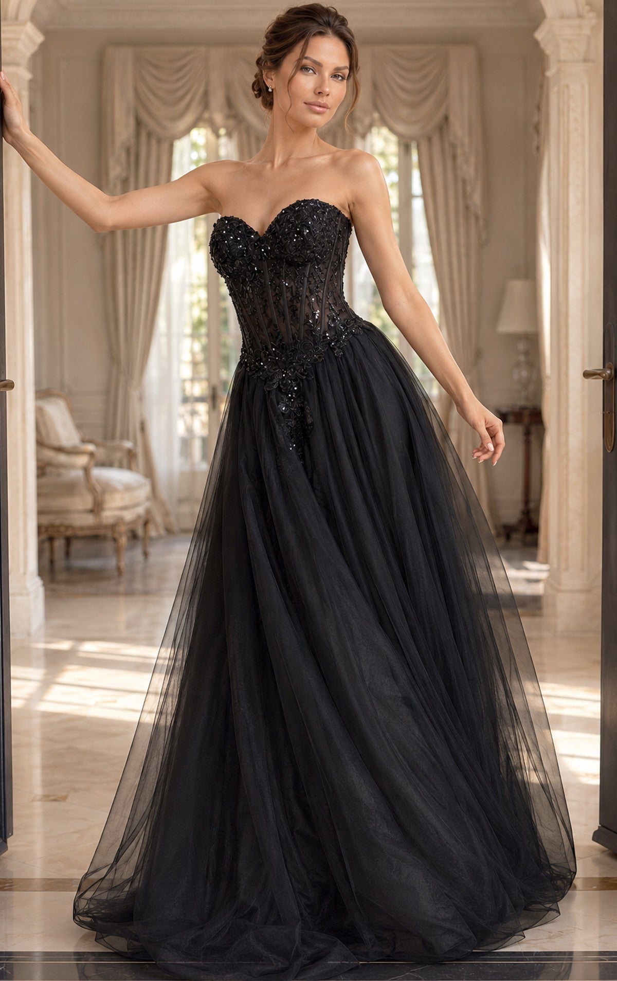 Jovani Evening Dress 00 / Black Jovani 50011 Beaded Floral Lace Strapless Tulle Gown