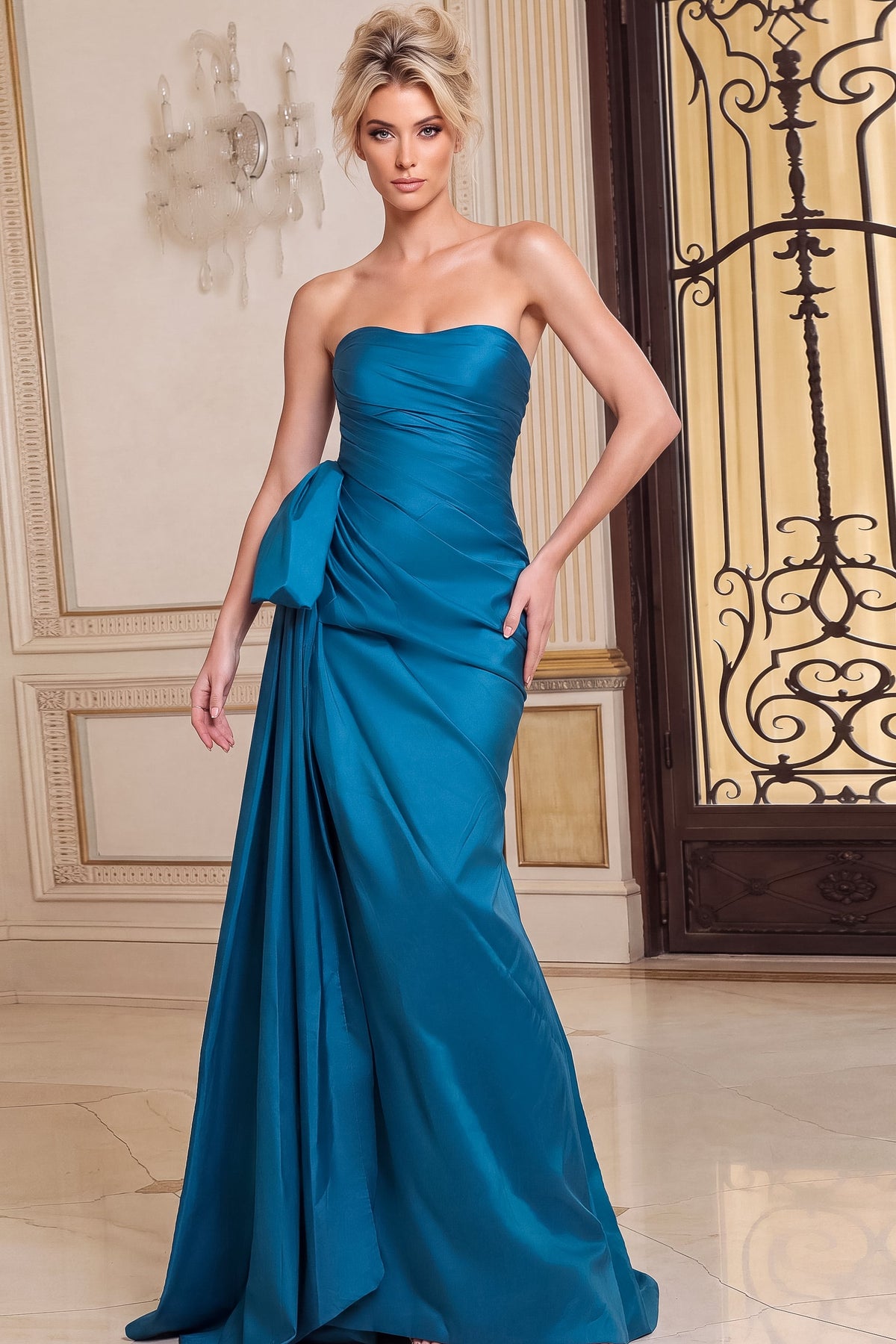 Jovani Evening Dress 00 / Black Jovani 51978 Strapless Ruched Bow Trumpet Gown