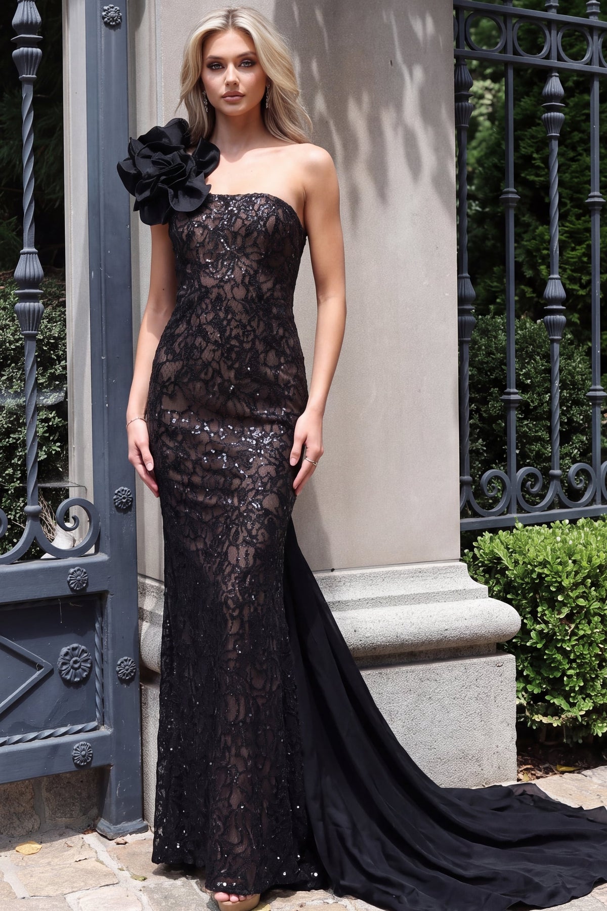 Jovani Evening Dress 00 / Black Jovani 51987 One Shoulder Rosette Sequin Lace Gown With Cape Train