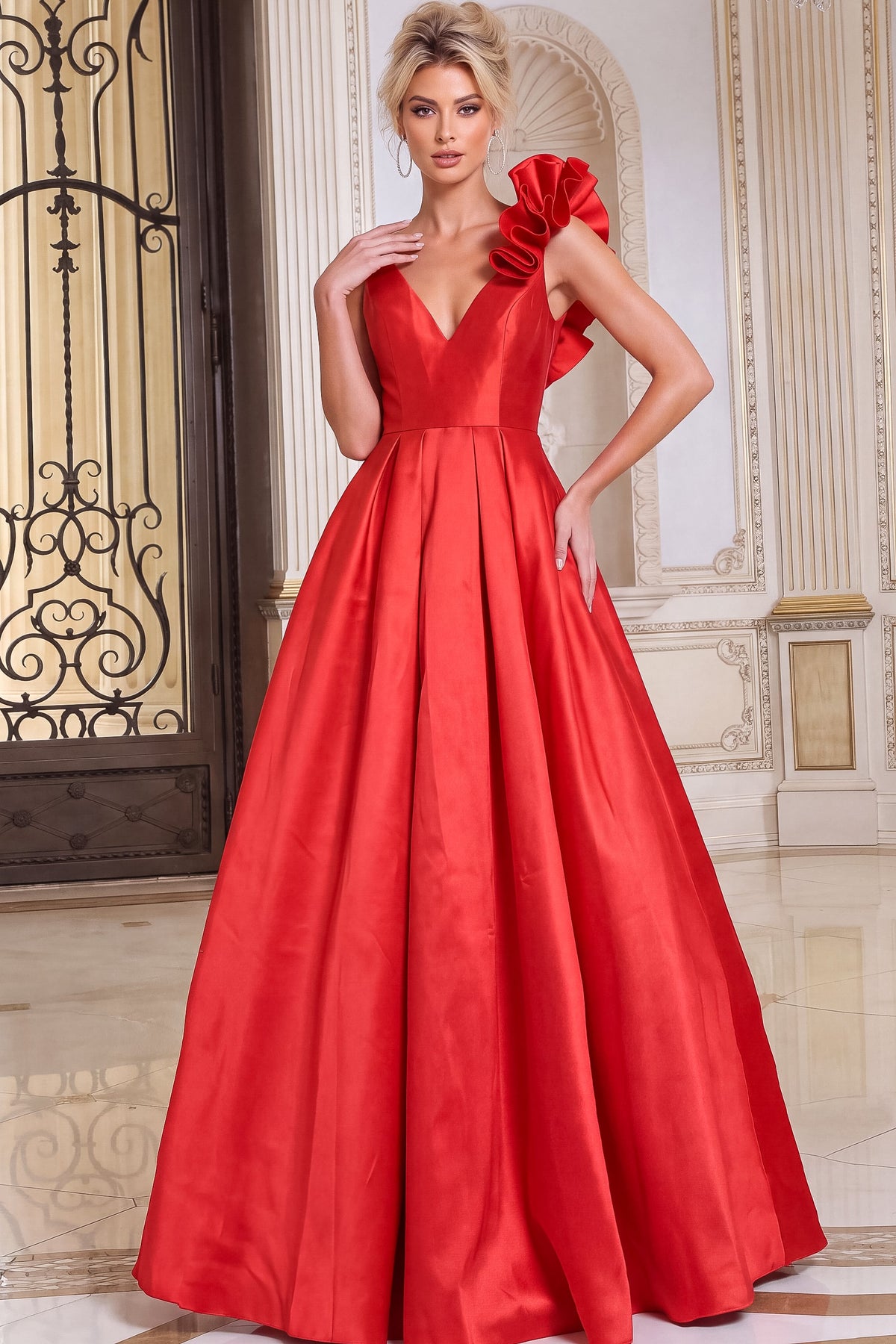 Jovani Evening Dress 00 / Black Jovani 53137 V-Neck One-Shoulder Ruffle A-Line Gown