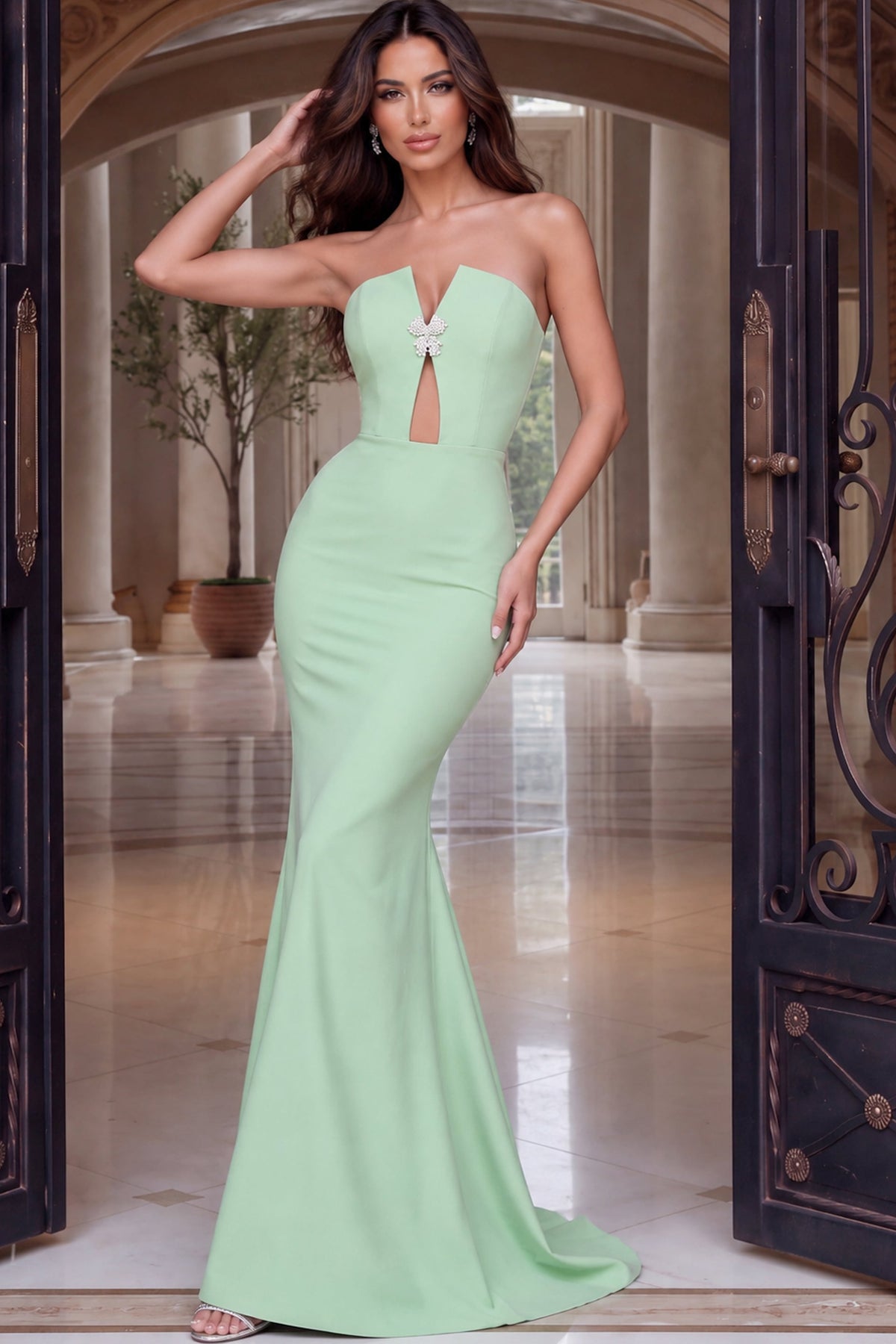 Jovani Evening Dress 00 / Black Jovani 54646 Crepe Mermaid Gown With Crystal Brooch Keyhole