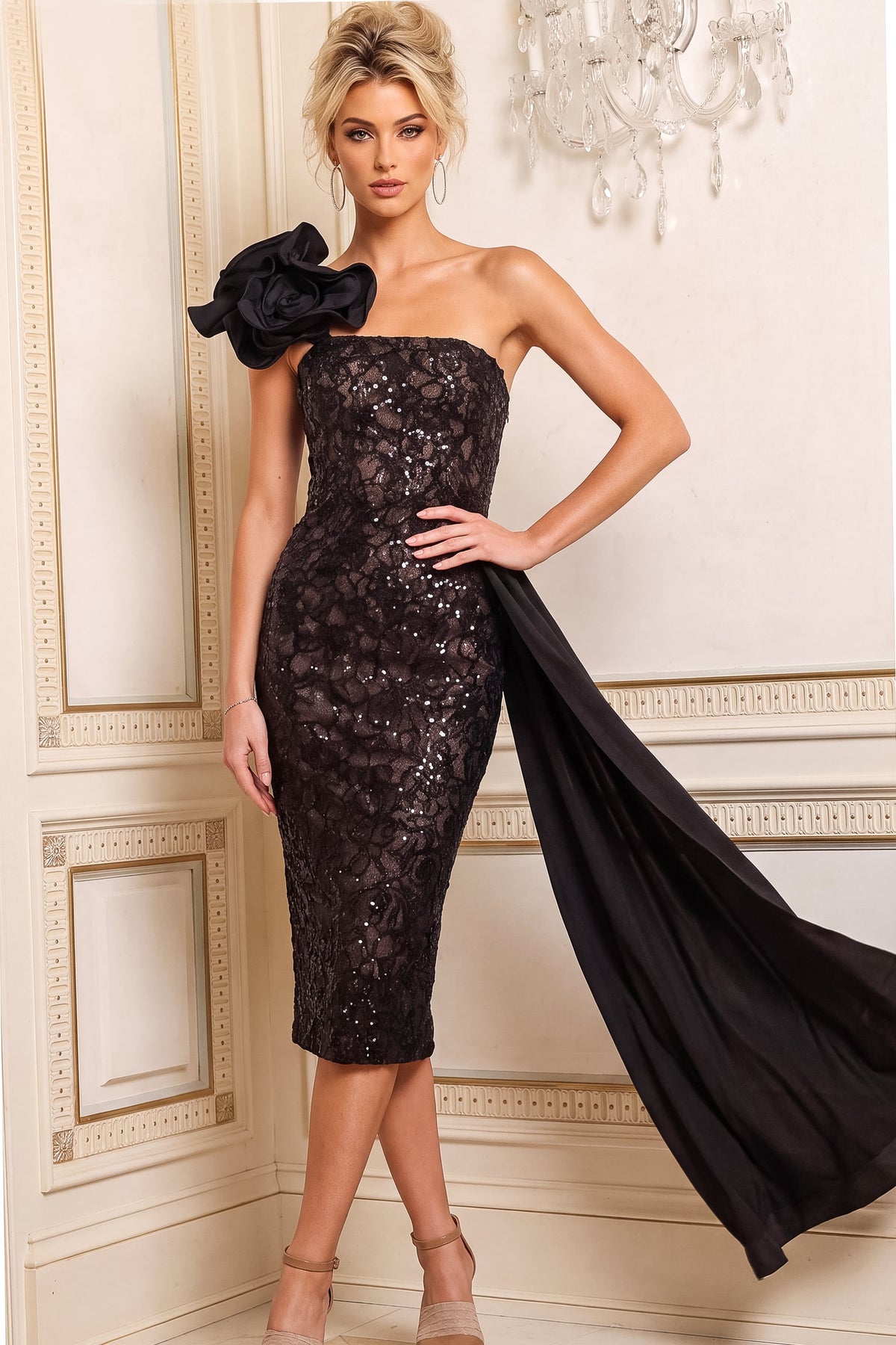 Jovani Evening Dress 00 / Black/Nude Jovani 51988 Black Strapless Floral Train Column Gown