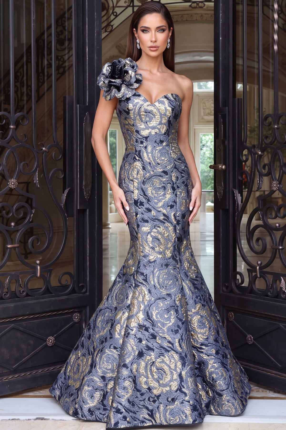 Jovani Evening Dress 00 / Blue/Gold Jovani 52370 One Shoulder Floral Mermaid Gown