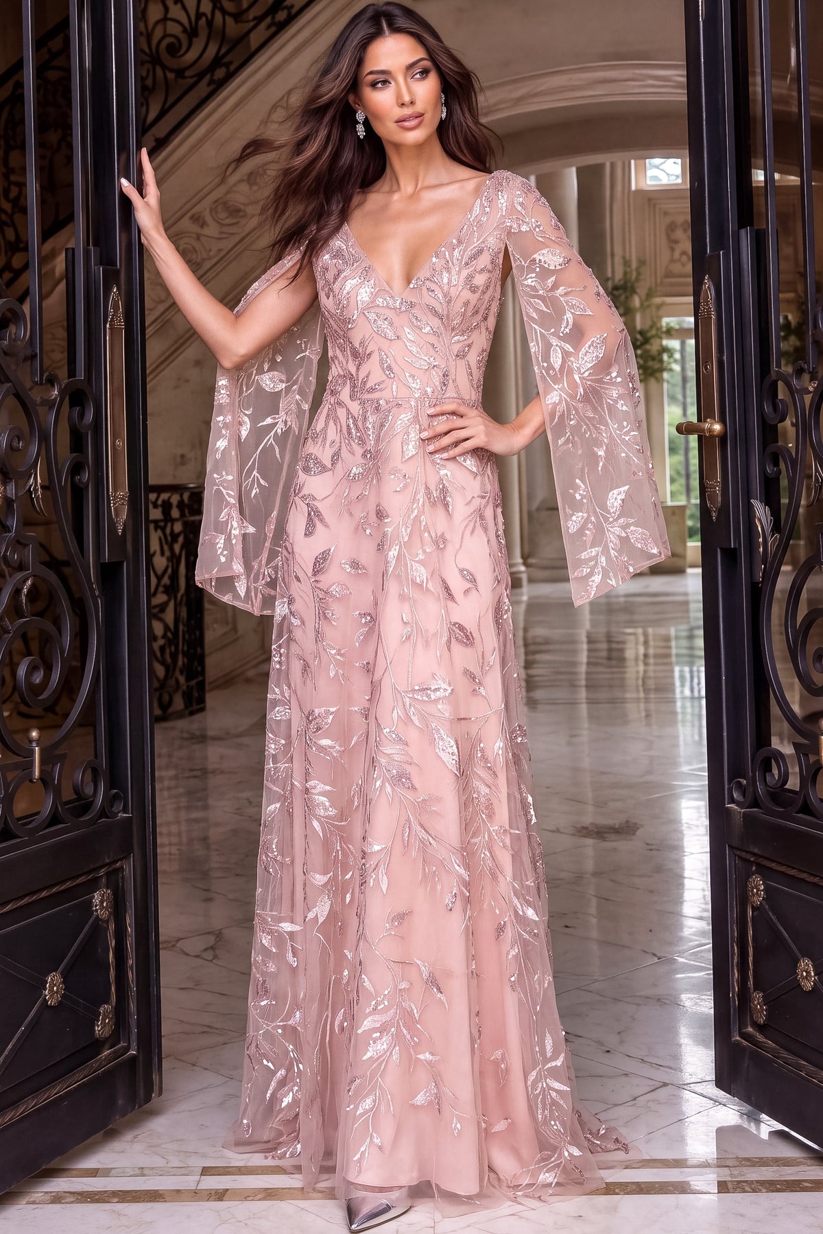 Jovani Evening Dress 00 / Blush Jovani 52015 Pink V-Neck Cape Sleeves A Line Gown