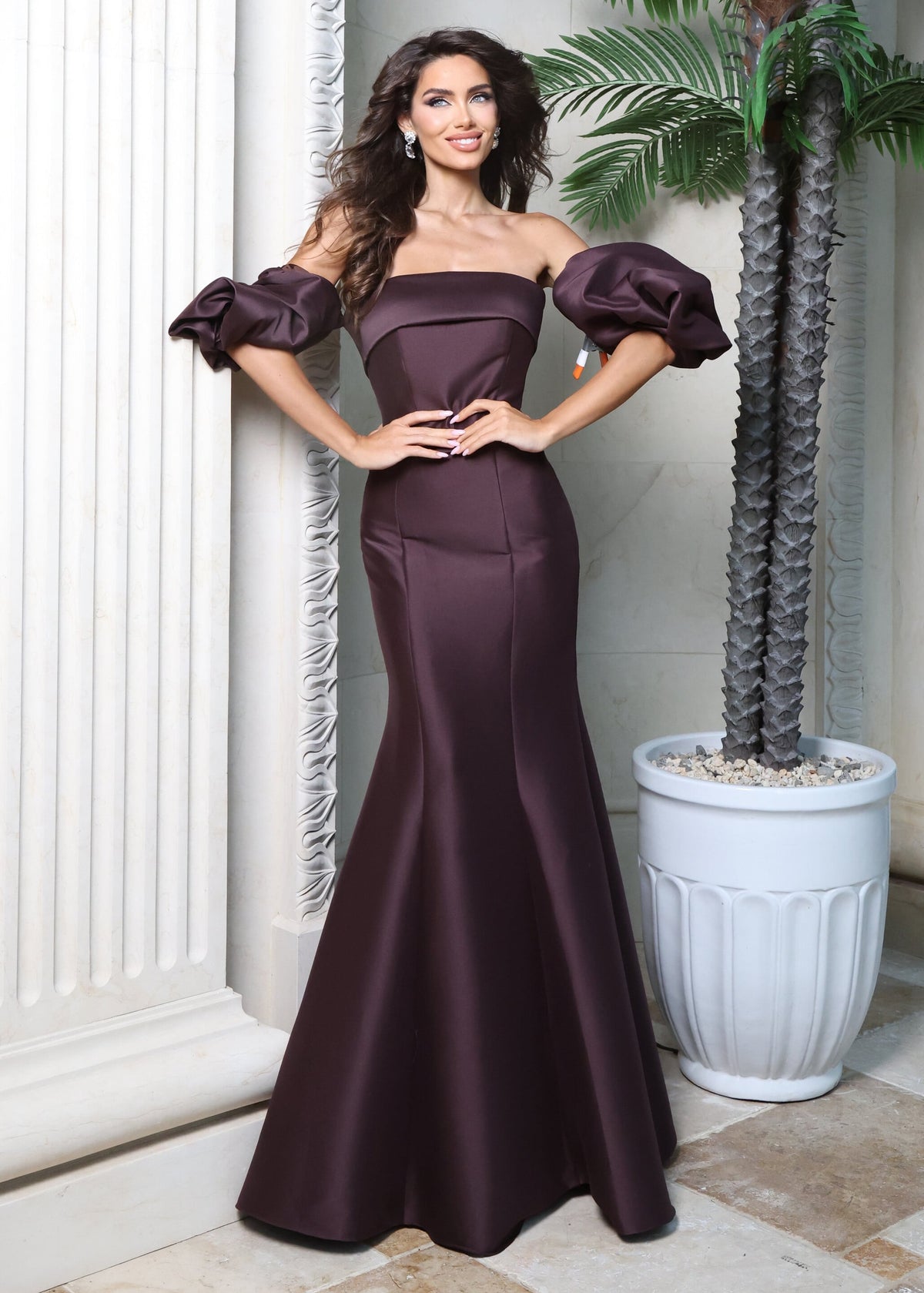 Jovani Evening Dress 00 / Brown Jovani 51577 Burgundy Off Shoulder Puff Sleeve Mermaid Satin Gown