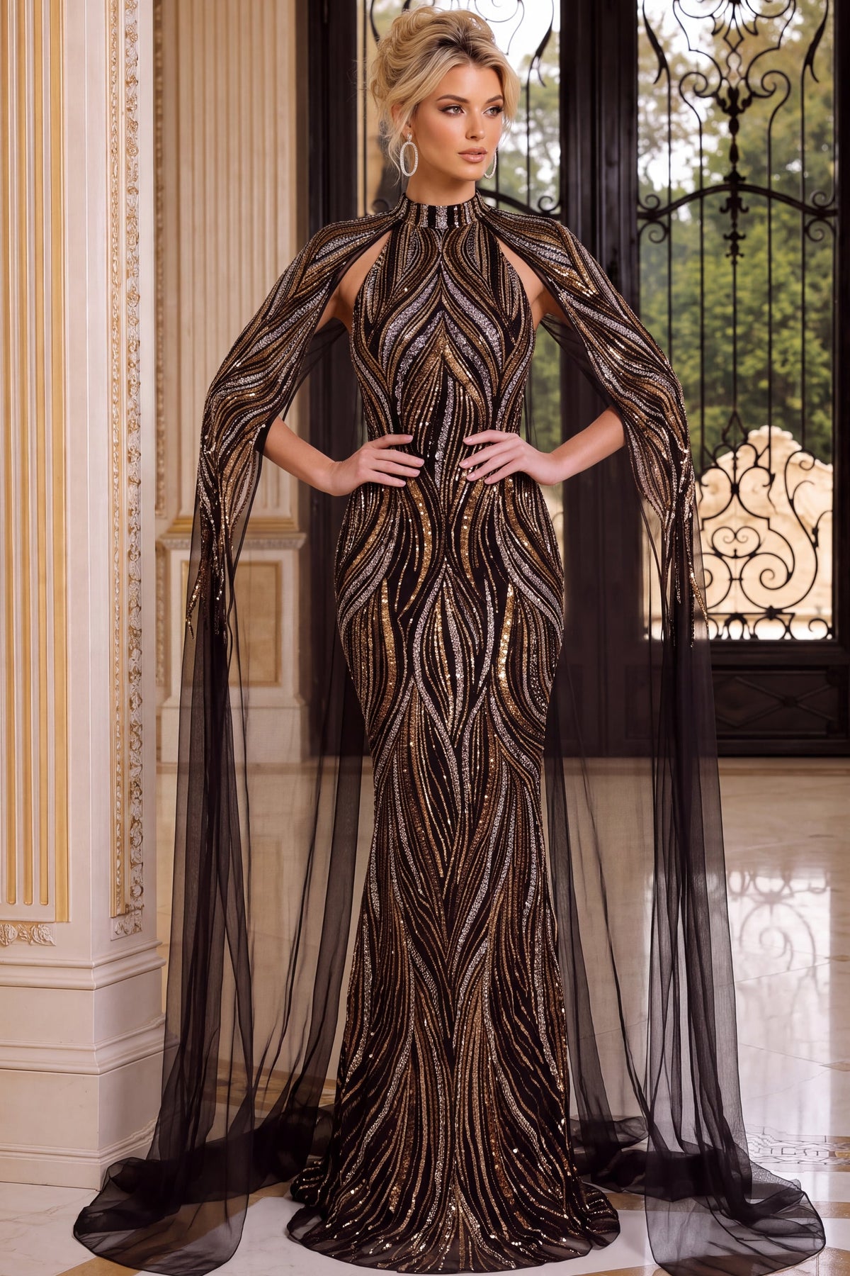 Jovani Evening Dress 00 / Brown Jovani 54920 Swirl Sequin Cape Sleeve Mermaid Gown