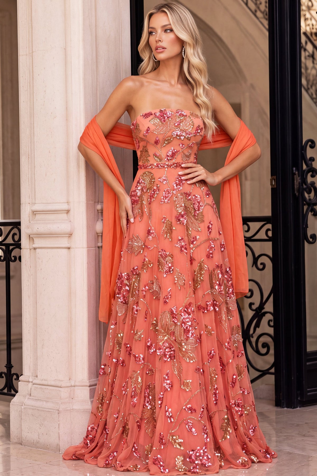 Jovani Evening Dress 00 / Coral Jovani 54931 Strapless Floral Sequin A Line Tulle Gown