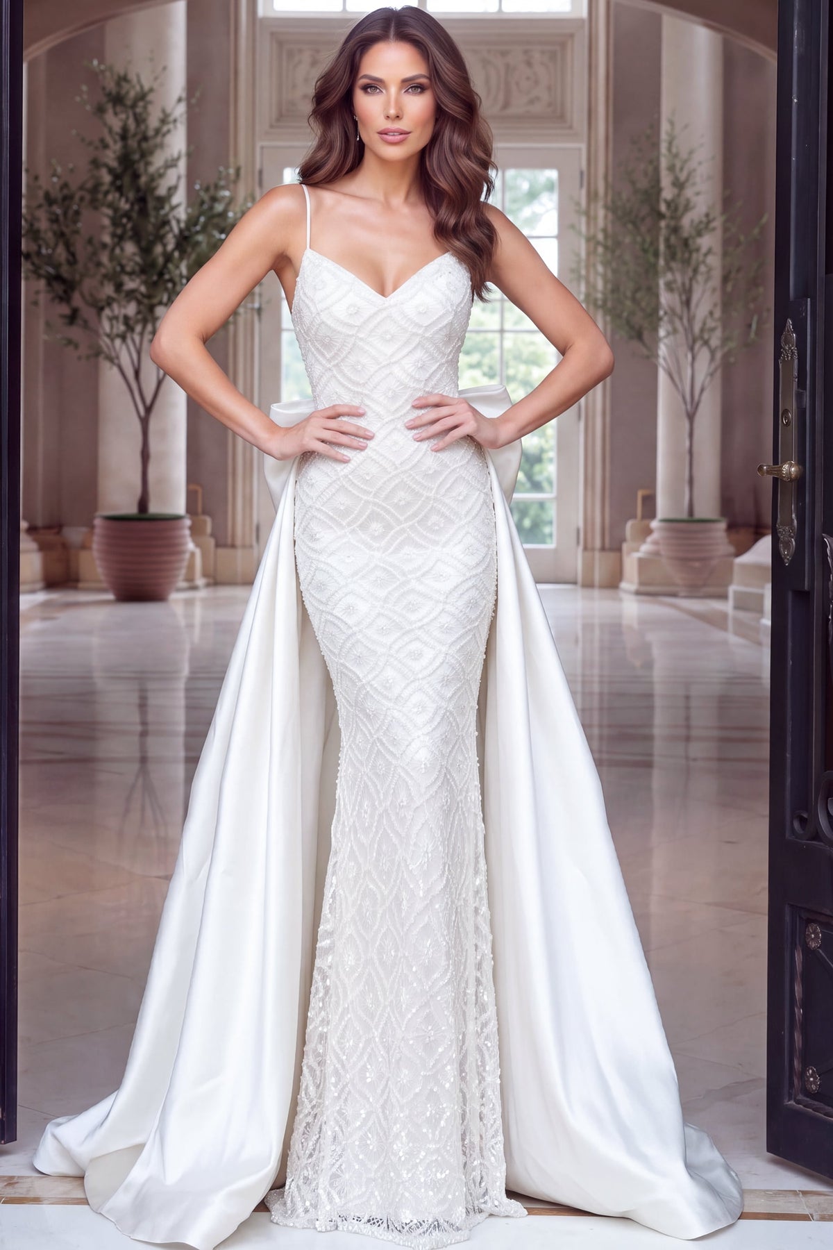 Jovani Evening Dress 00 / Cream Jovani 52343 Beaded Mermaid Gown With Satin Bow Overskirt