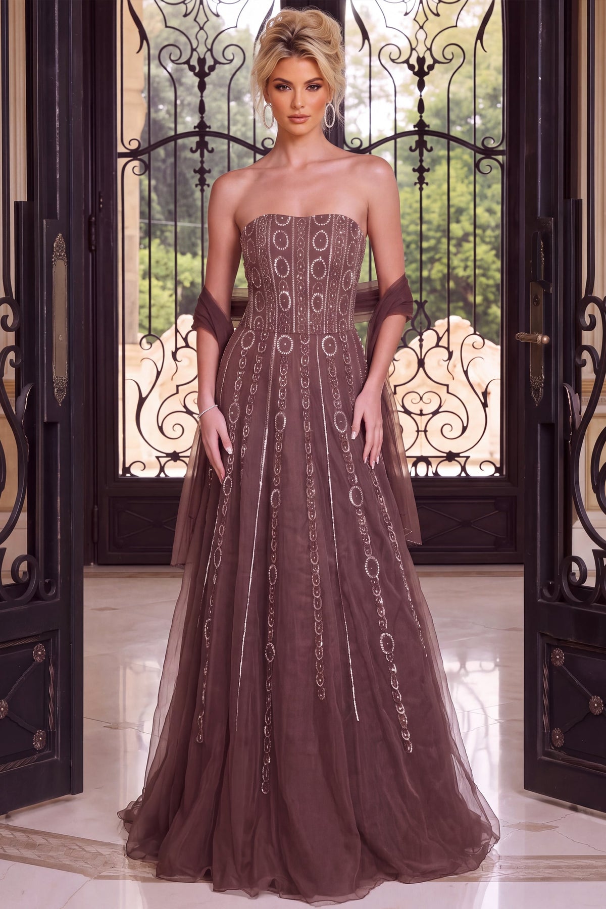 Jovani Evening Dress 00 / Dark Taupe Jovani 54895 Beaded Medallion Stripe Tulle Ball Gown
