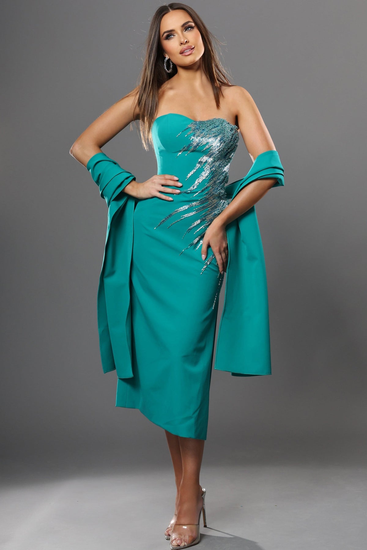 Jovani Evening Dress 00 / Emerald Jovani 51901 Sequin Embellished Sheath Midi Dress