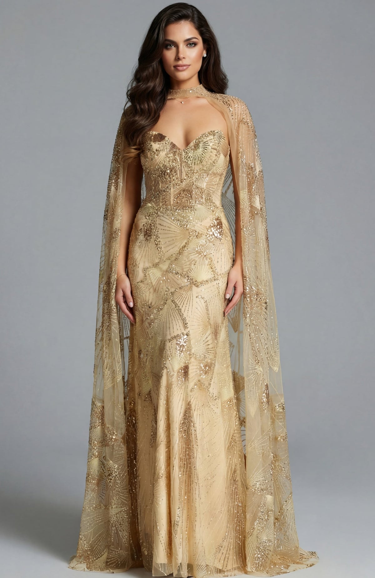 Jovani Evening Dress 00 / Gold Jovani 39214 Strapless Gown With Beaded Sheer Cape