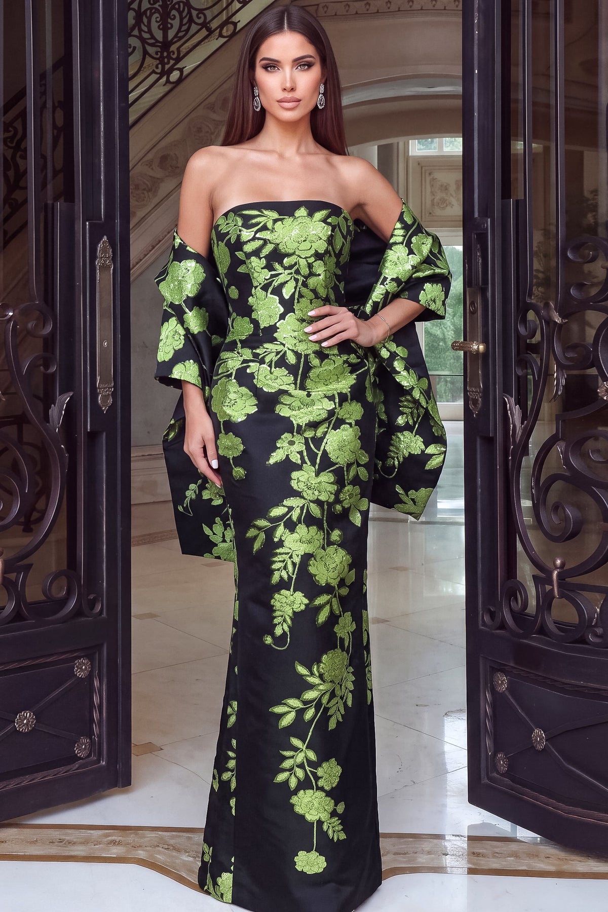 Jovani Evening Dress 00 / Green/Black Jovani 54618 Strapless Floral Column Gown