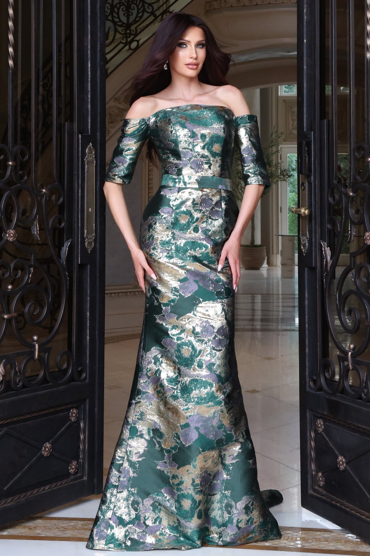 Jovani Evening Dress 00 / Green Multi Jovani 51599 Off Shoulder Metallic Jacquard Mermaid Gown