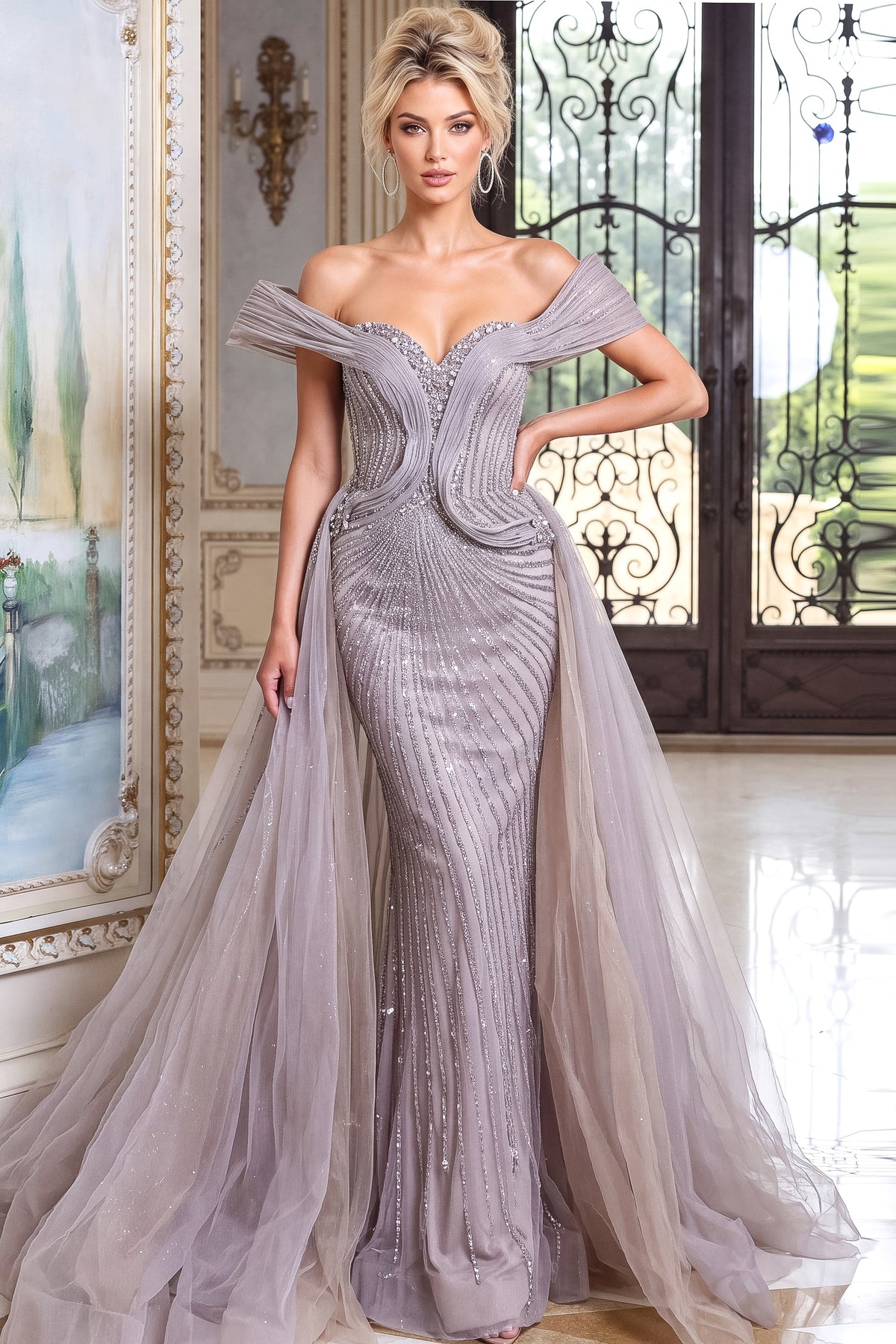 Jovani Evening Dress 00 / Grey Jovani 52210 Draped Off Shoulder Beaded Mermaid Gown
