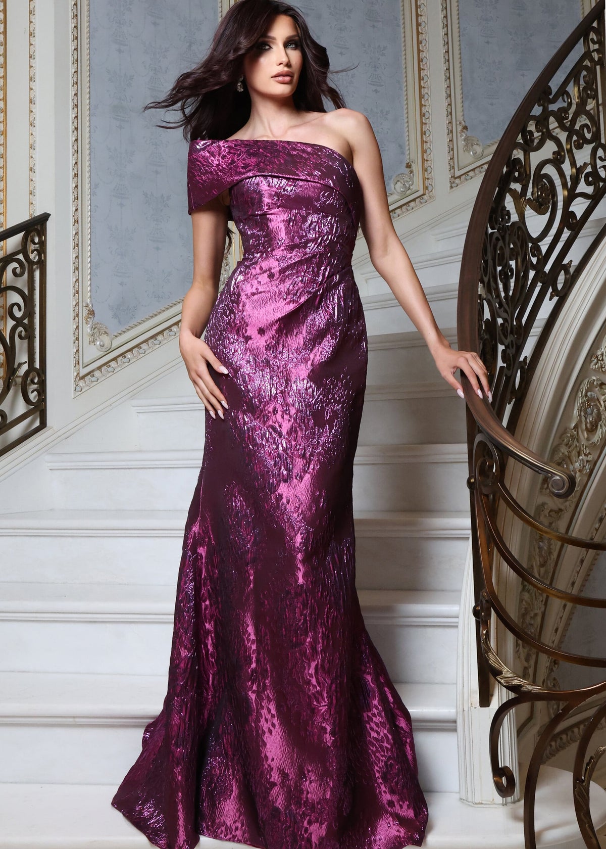 Jovani Evening Dress 00 / Gunmetal Jovani 51944 Magenta Off-The-Shoulder Metallic Gown