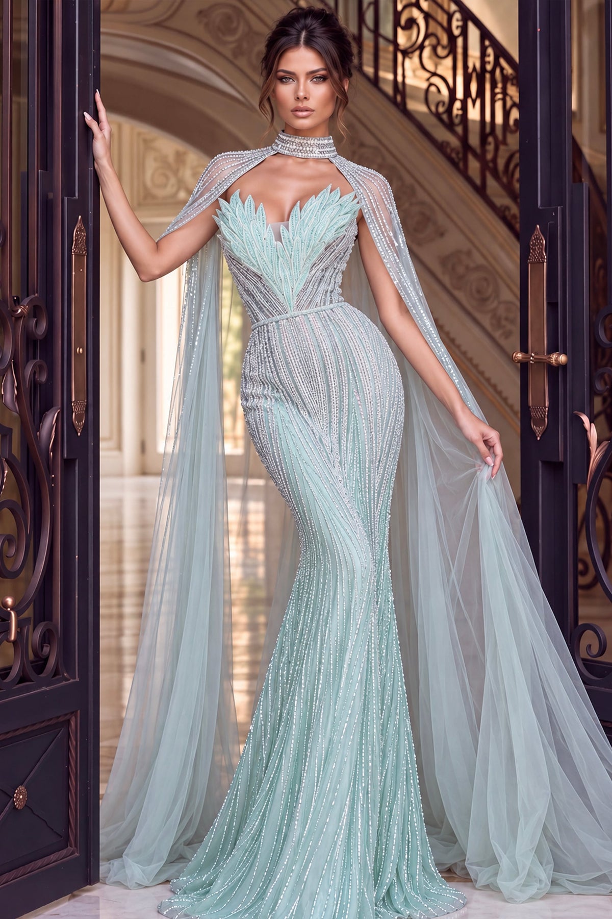 Jovani Evening Dress 00 / Lilac/Blue Jovani 48421 Seafoam Beaded Mermaid Gown With High Collar Cape