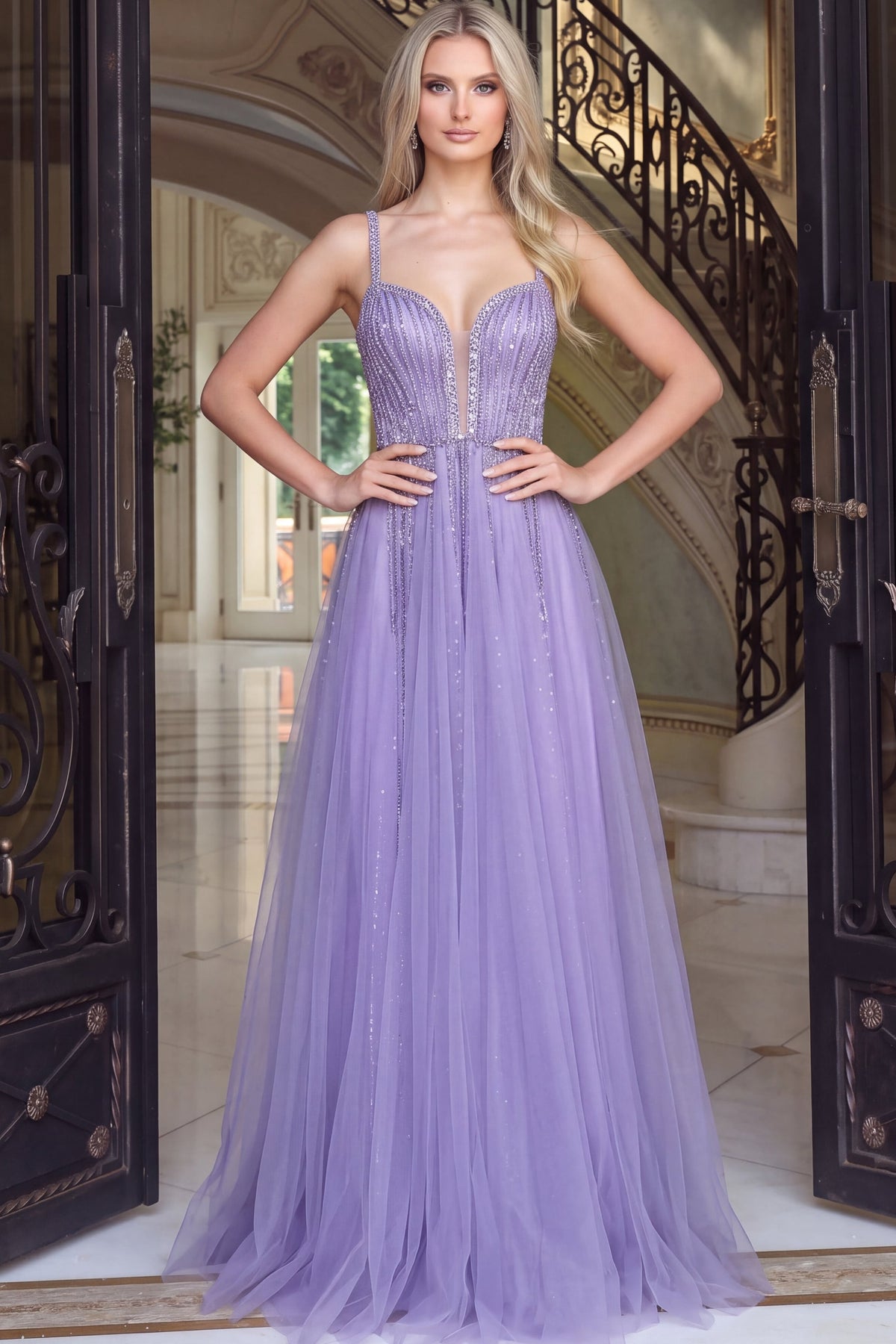 Jovani Evening Dress 00 / Lilac Jovani 54821 Beaded Tulle Ball Gown With Sweetheart Corset Bodice