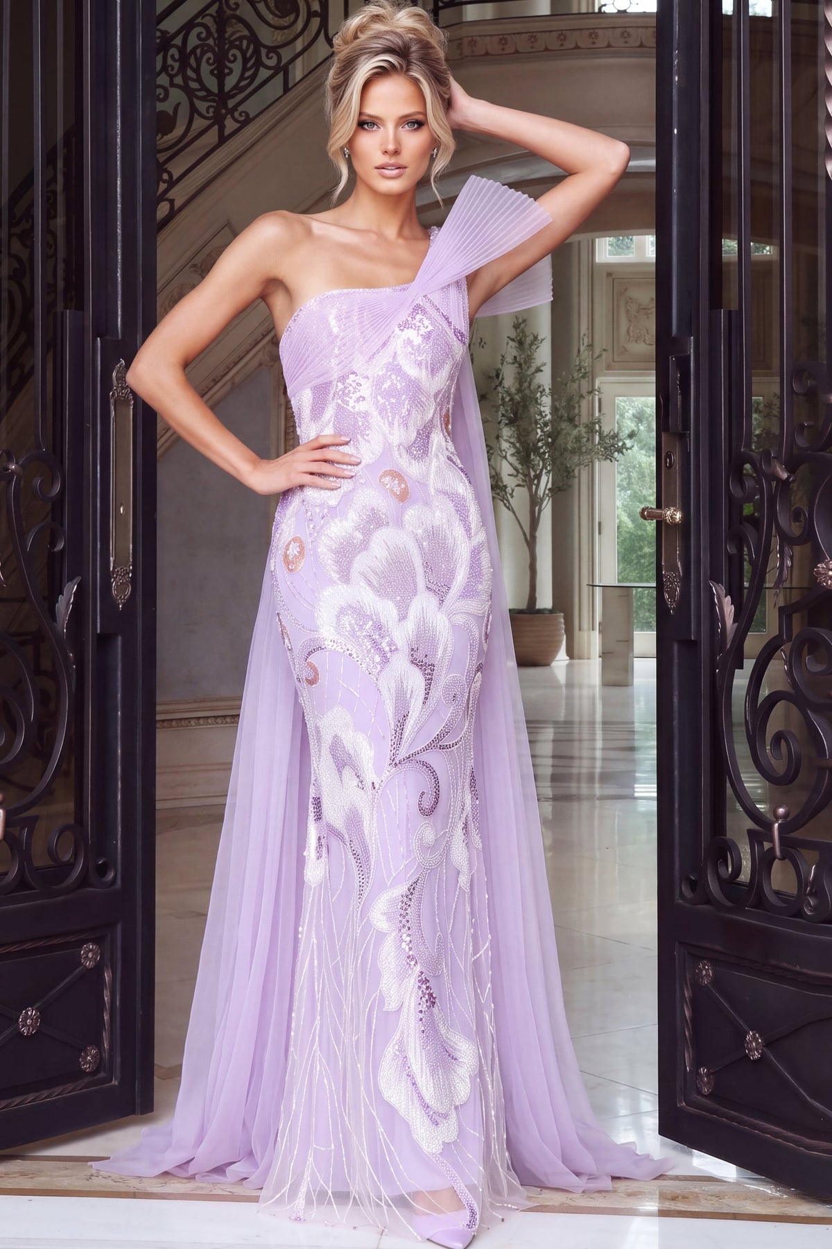Jovani Evening Dress 00 / Lilac Jovani 55109 One Shoulder Floral Sequin Mermaid Gown
