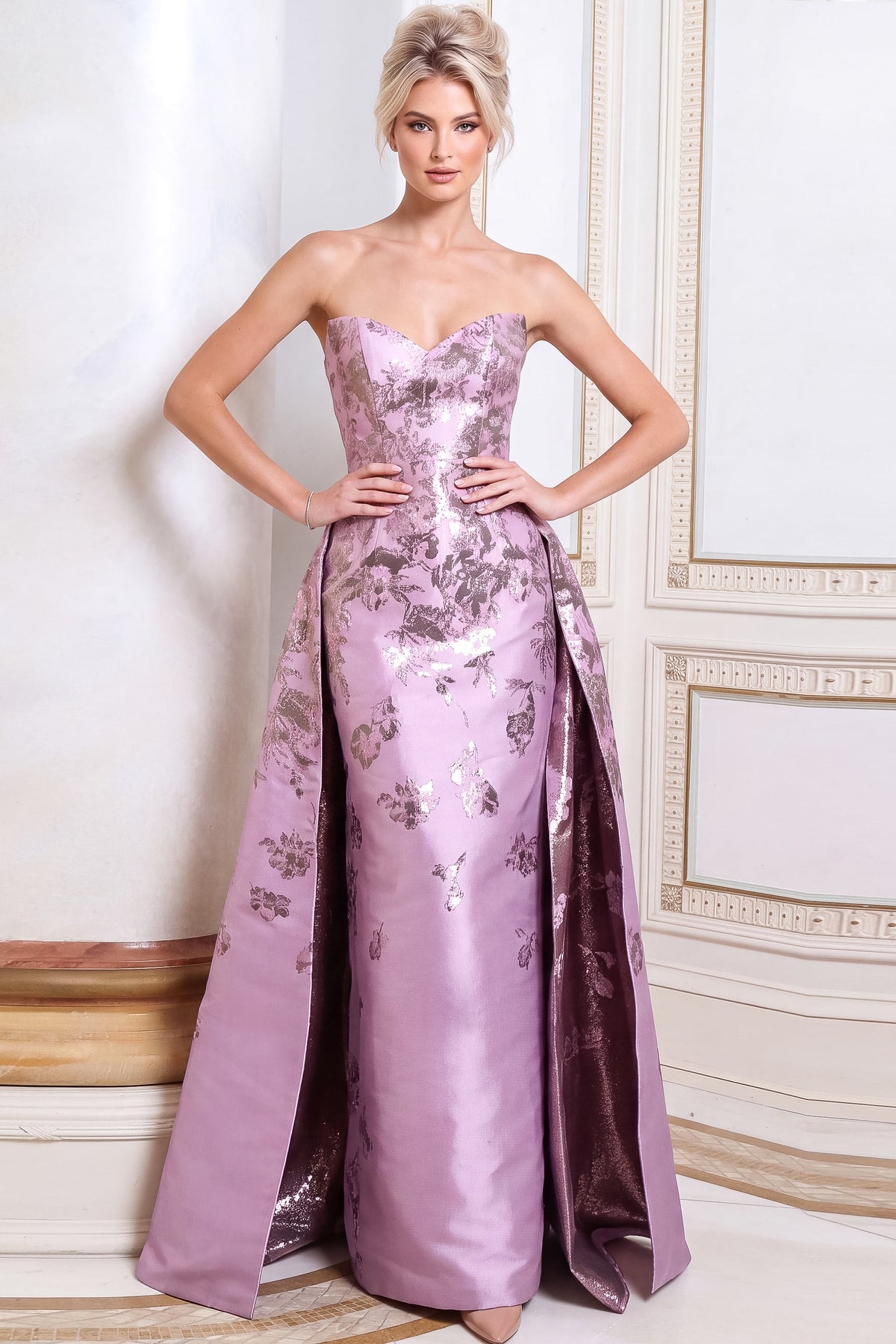 Jovani Evening Dress 00 / Lilac/Print Jovani 52387 Strapless Metallic Floral Overskirt Column Gown