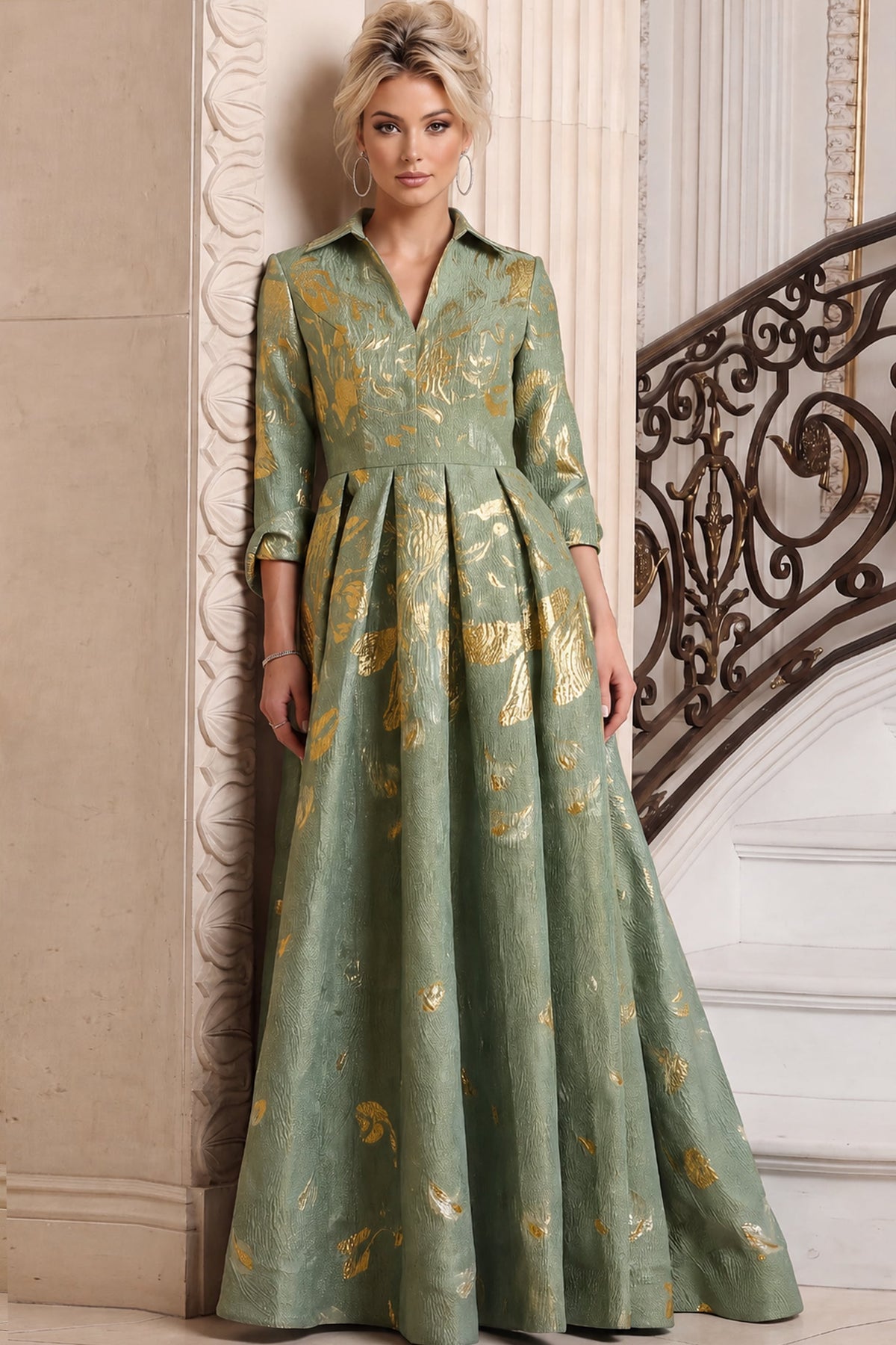 Jovani Evening Dress 00 / Mint Jovani 55735 V-Neck Gold Pattern Ball Gown