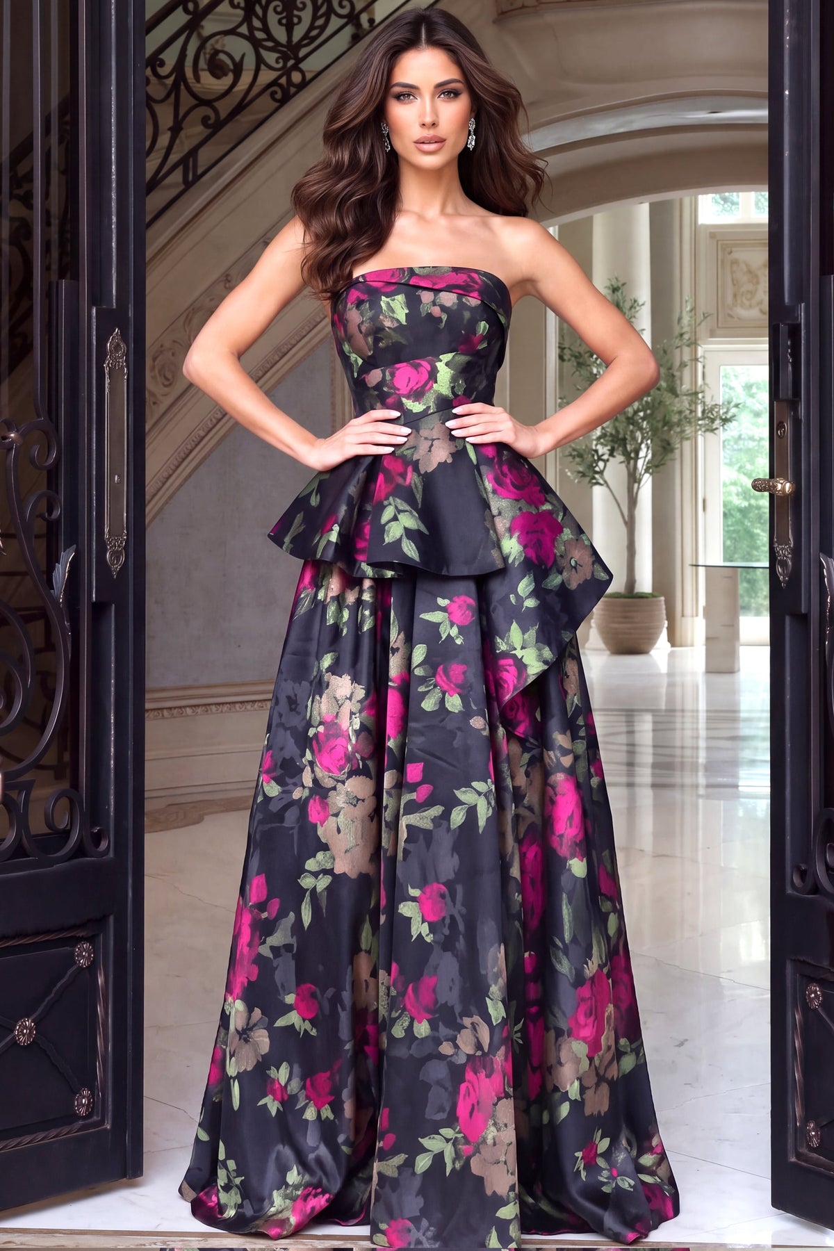 Jovani Evening Dress 00 / Multi Jovani 53371 Strapless Floral Print Peplum Ball Gown