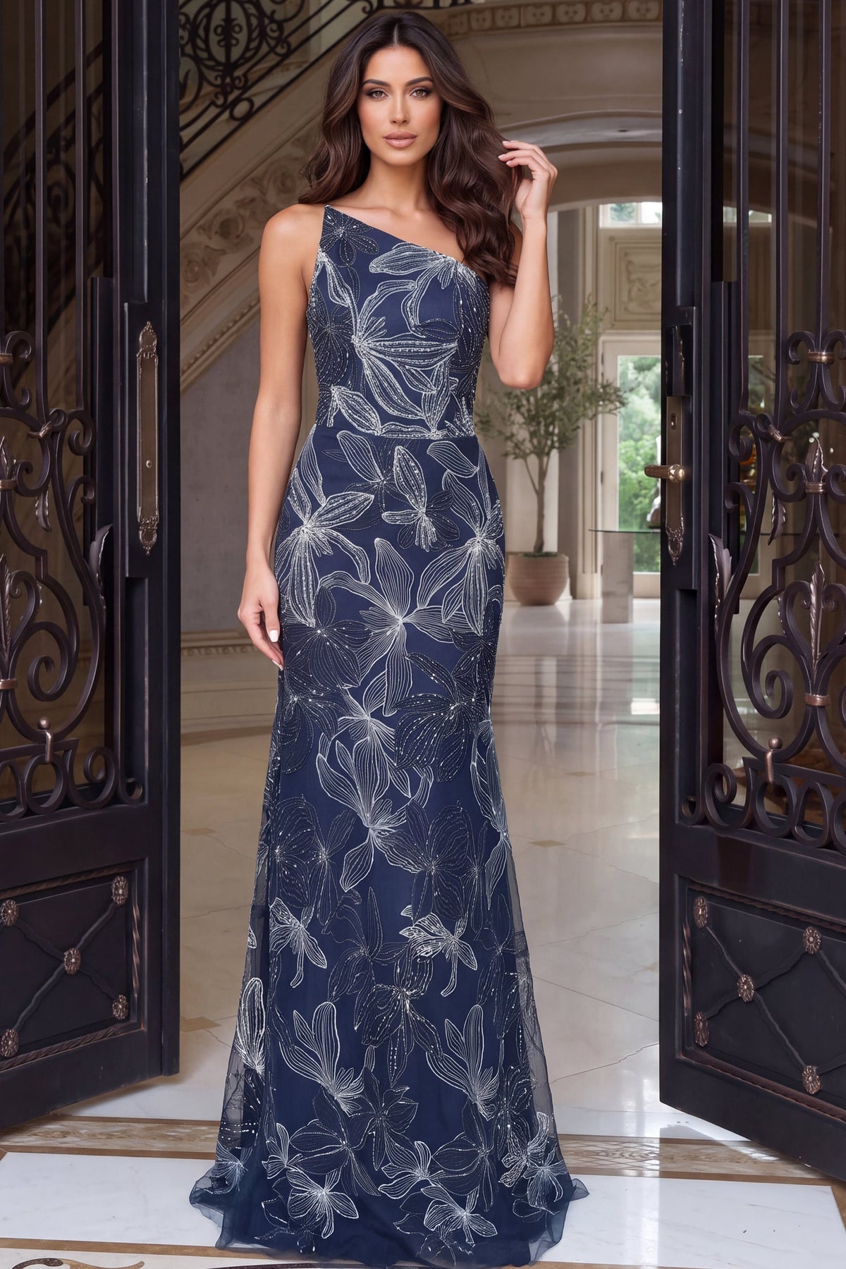Jovani Evening Dress 00 / Navy Jovani 52024 One Shoulder Embroidered Floral Tulle Gown