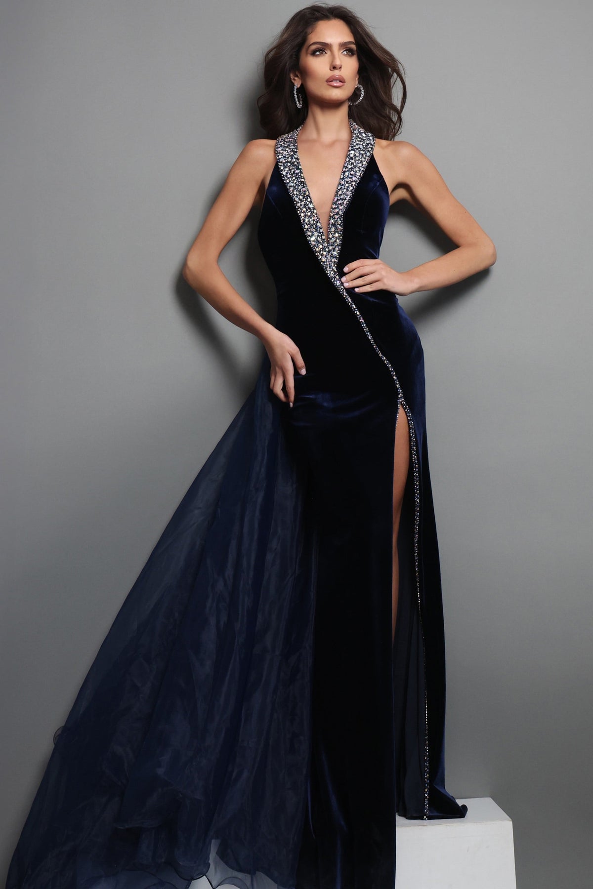 Jovani Evening Dress 00 / Navy/Navy Jovani 50544 Velvet V Neck High Long Dress