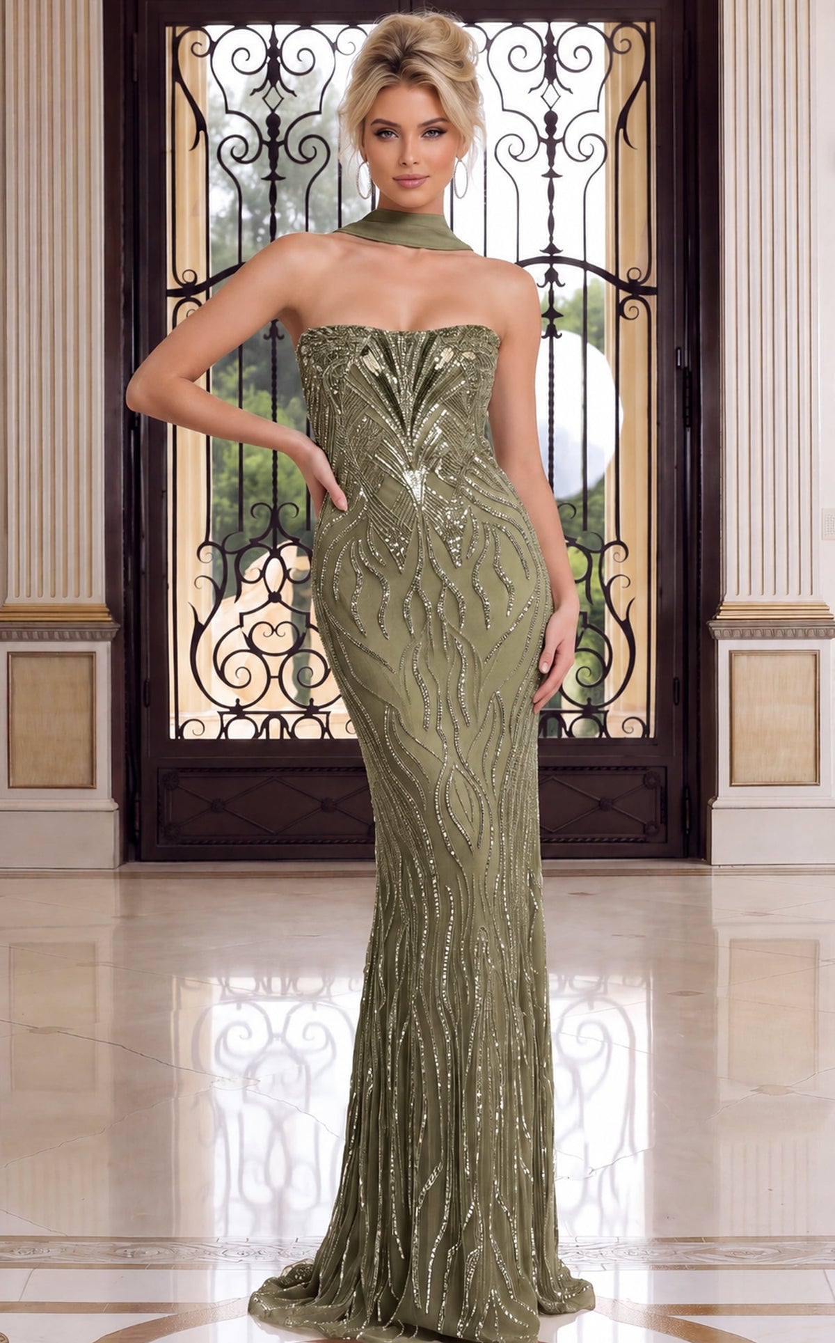 Jovani Evening Dress 00 / Olive Jovani 52348 Strapless Patterned Beaded Column Gown