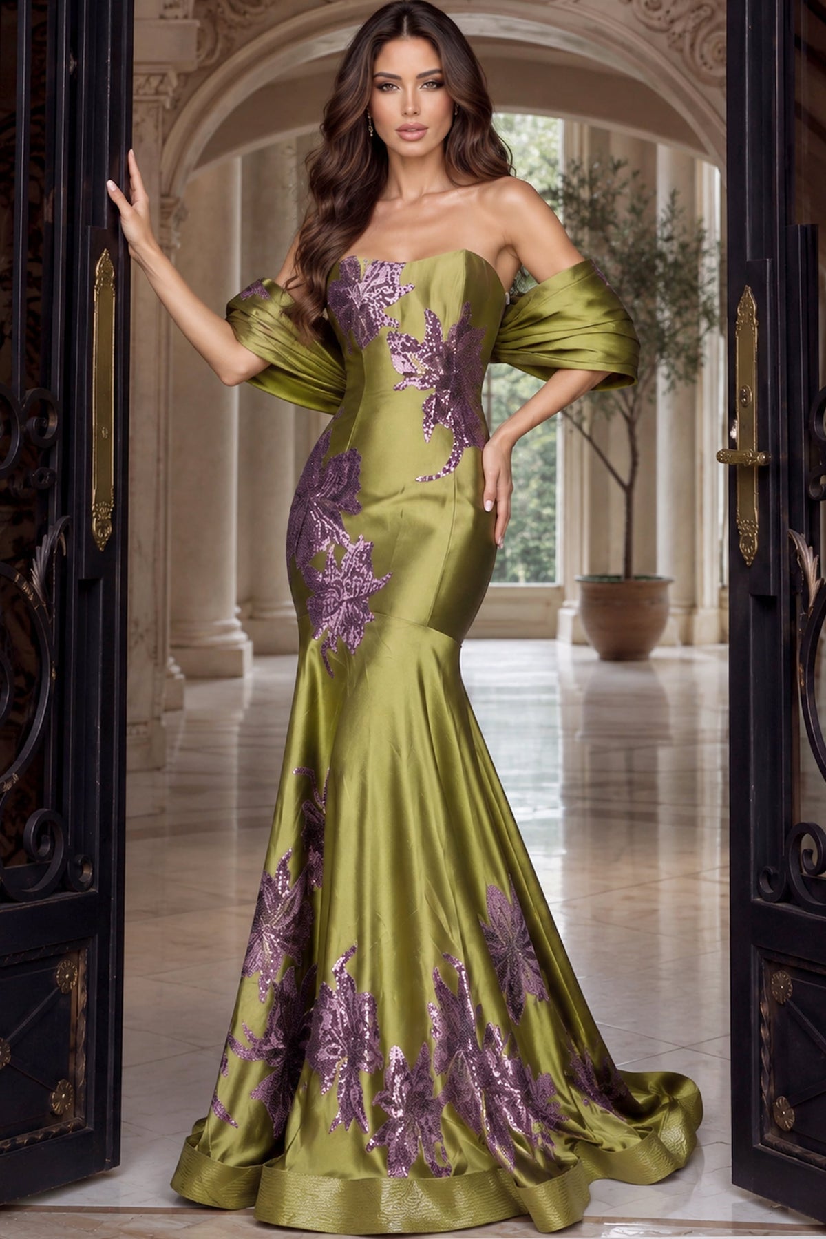 Jovani Evening Dress 00 / Olive Jovani 54041 Floral Appliqued Mikado Mermaid Gown