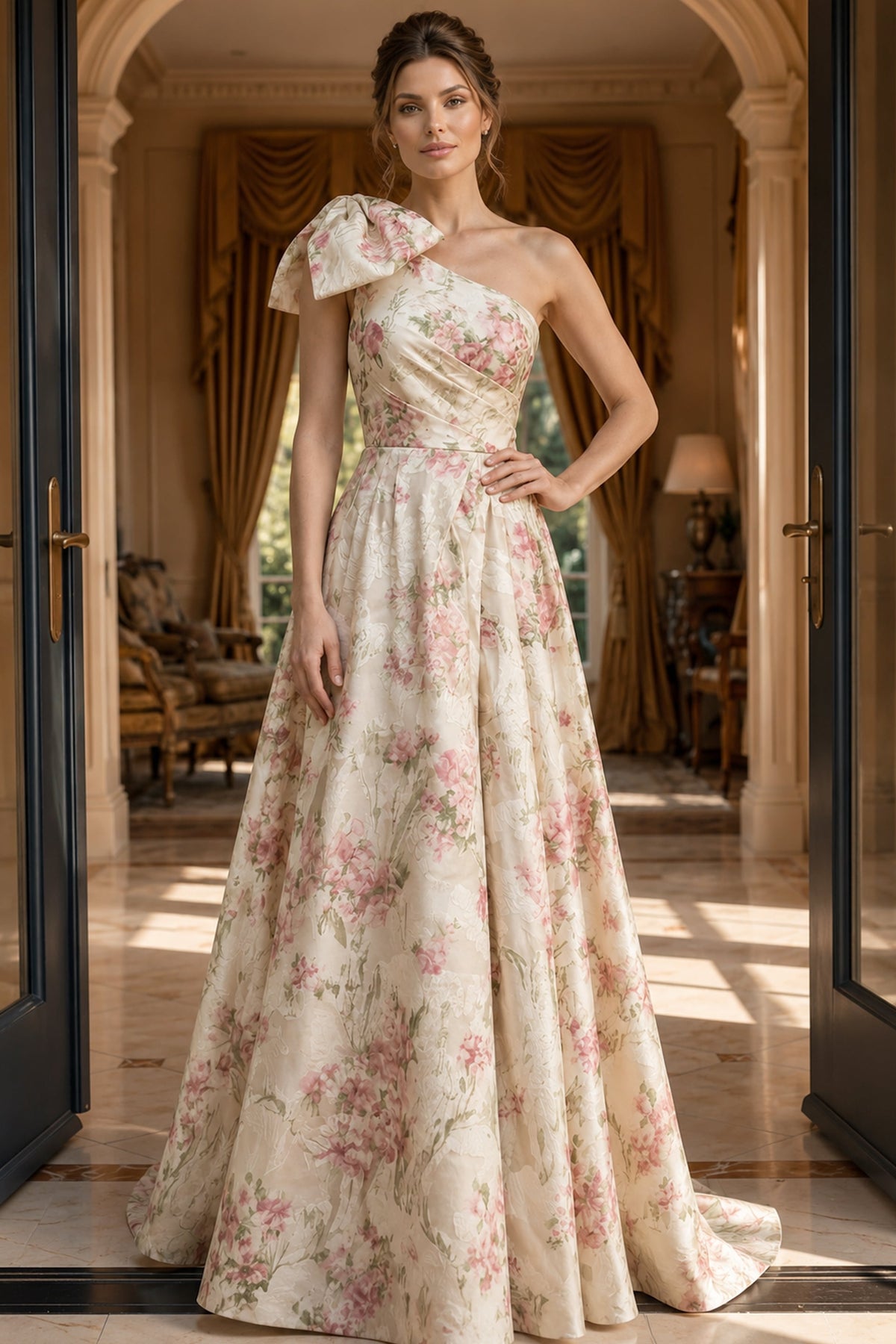 Jovani Evening Dress 00 / Pink Multi Jovani 52378 Floral Print One Shoulder Bow A Line Gown