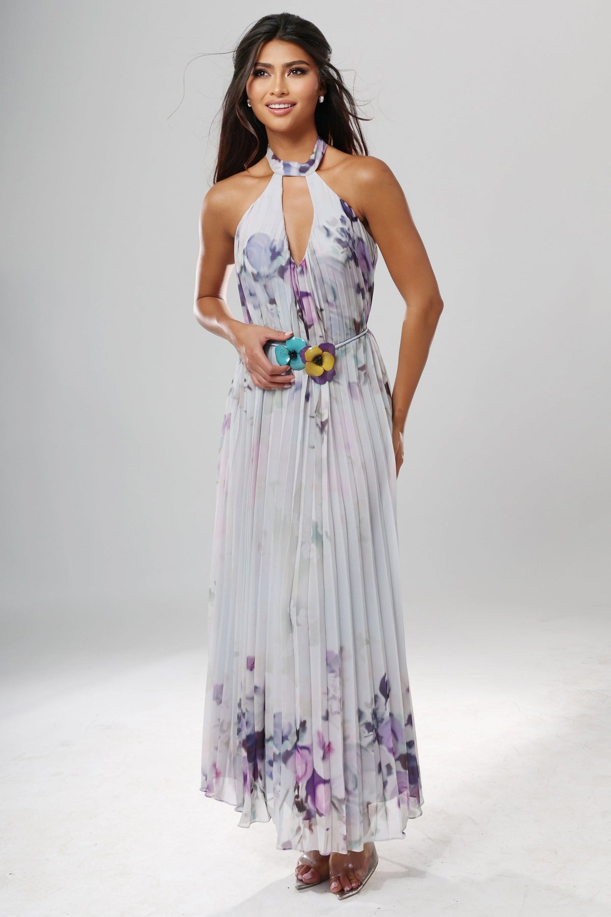 Jovani Evening Dress 00 / Print Jovani 55317 Pastel Floral Pleated Halter Maxi Dress