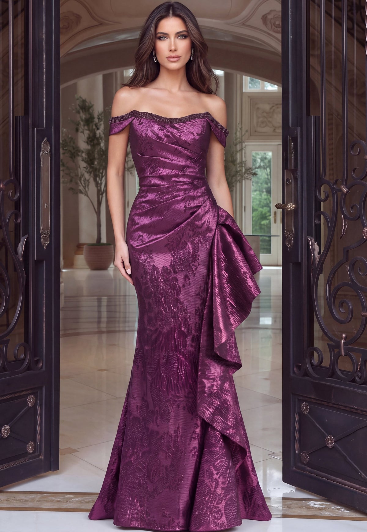 Jovani Evening Dress 00 / Purple Jovani 53942 Off Shoulder Ruched Brocade Mermaid Gown