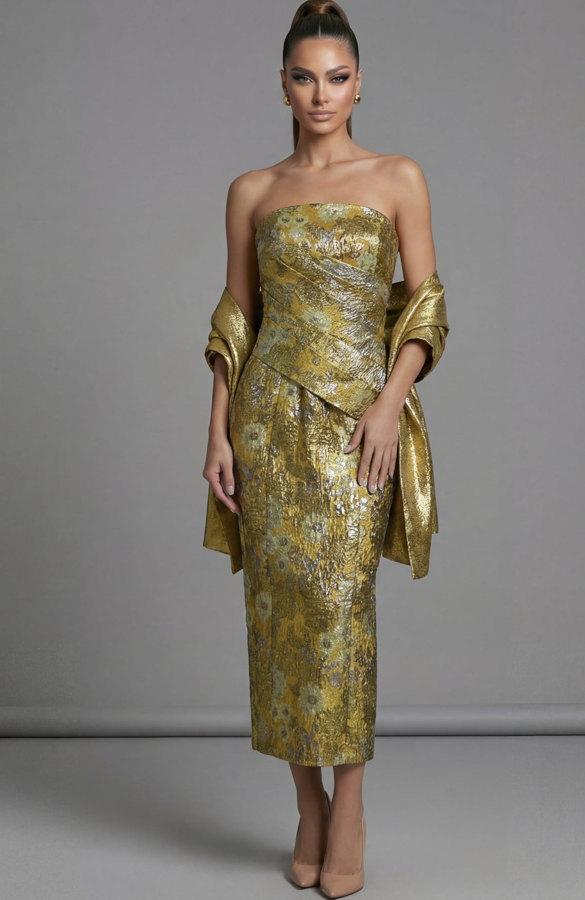 Jovani Evening Dress 00 / Purple/Multi Jovani 51636 Strapless Brocade Midi Dress With Matching Shawl