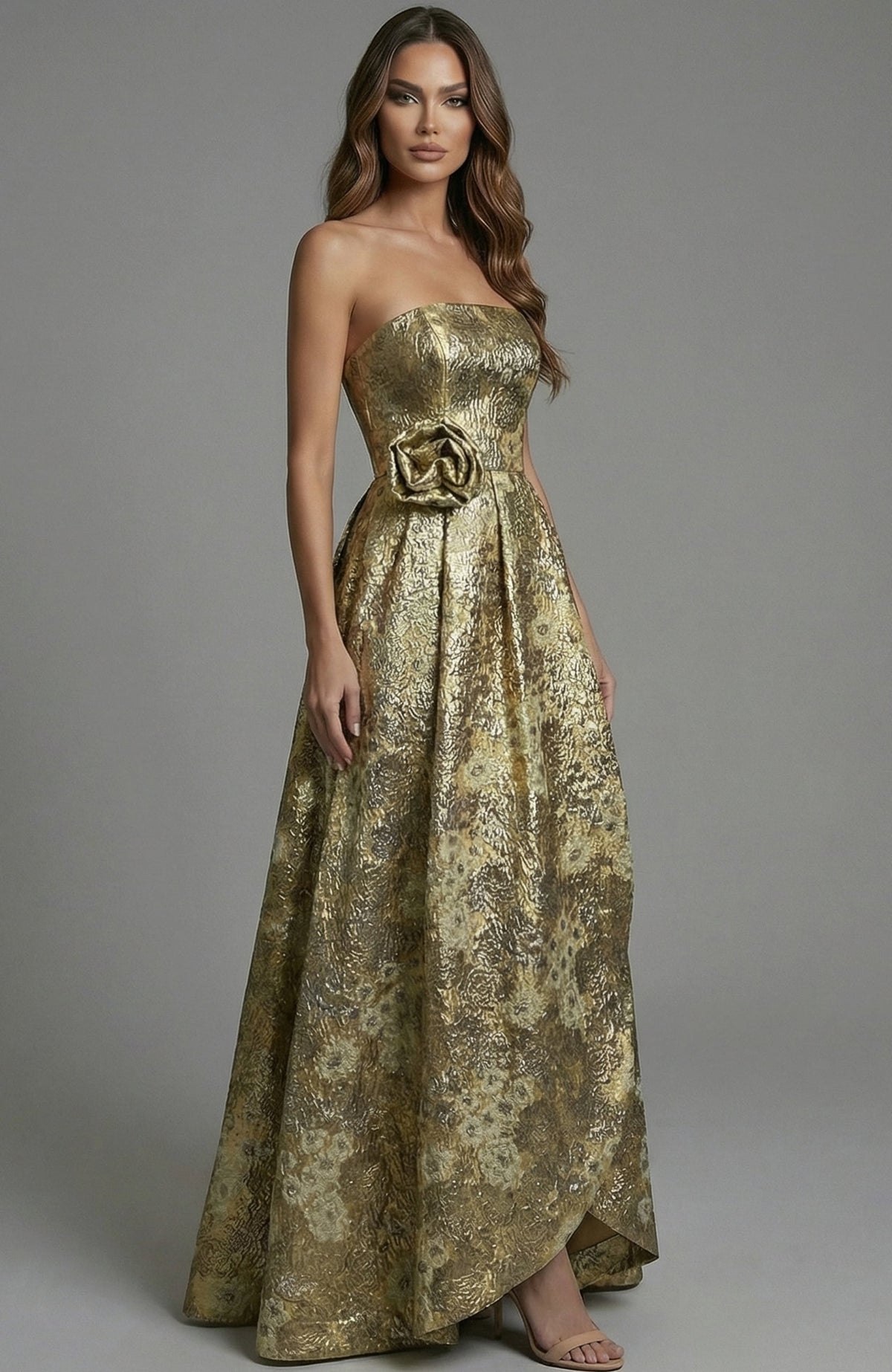 Jovani Evening Dress 00 / Yellow/Multi Jovani 51692 Strapless Jacquard Gown With Floral Waist Detail