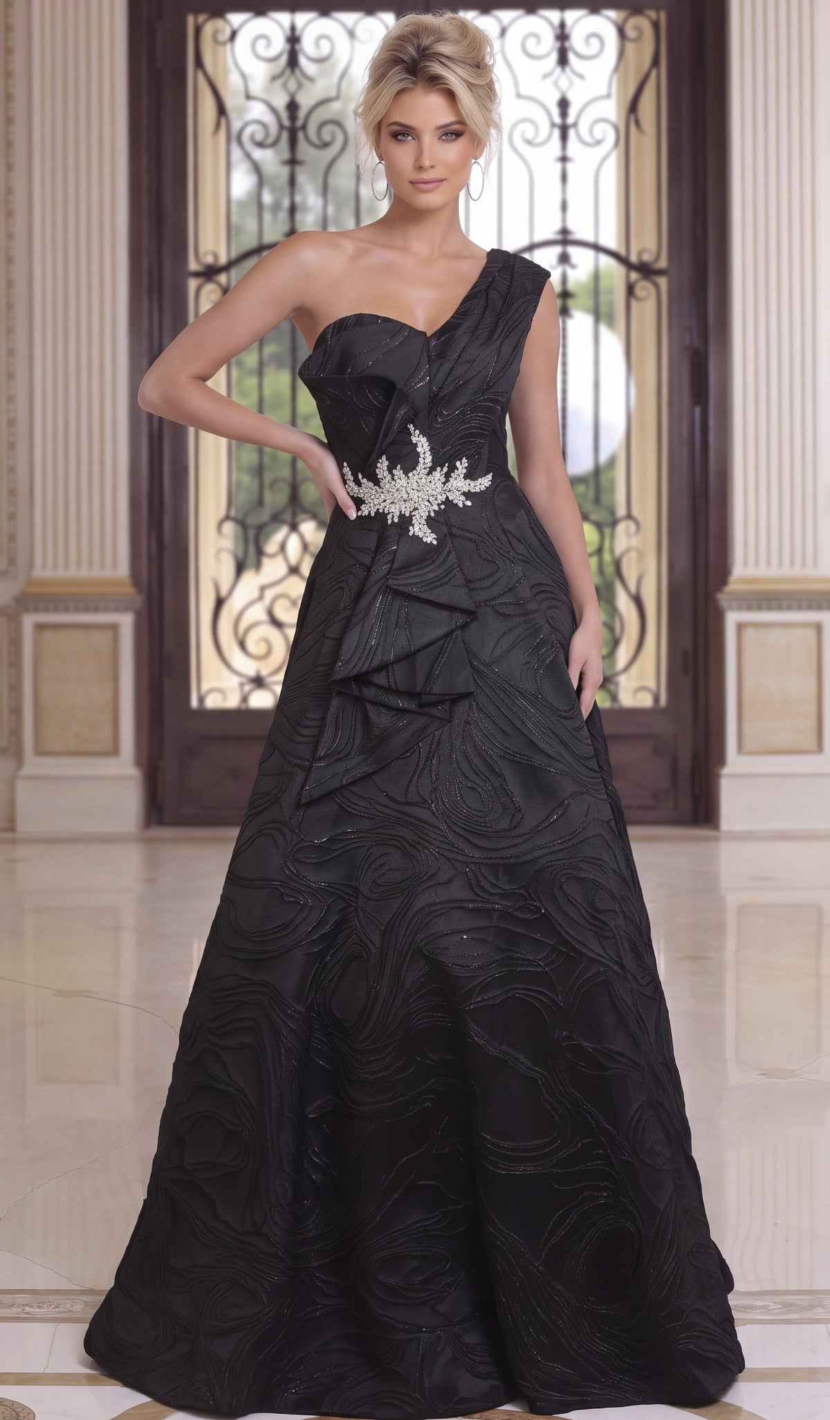 Jovani Evening Dress Black One Shoulder Beaded Waist A Line Gown - Jovani 52358