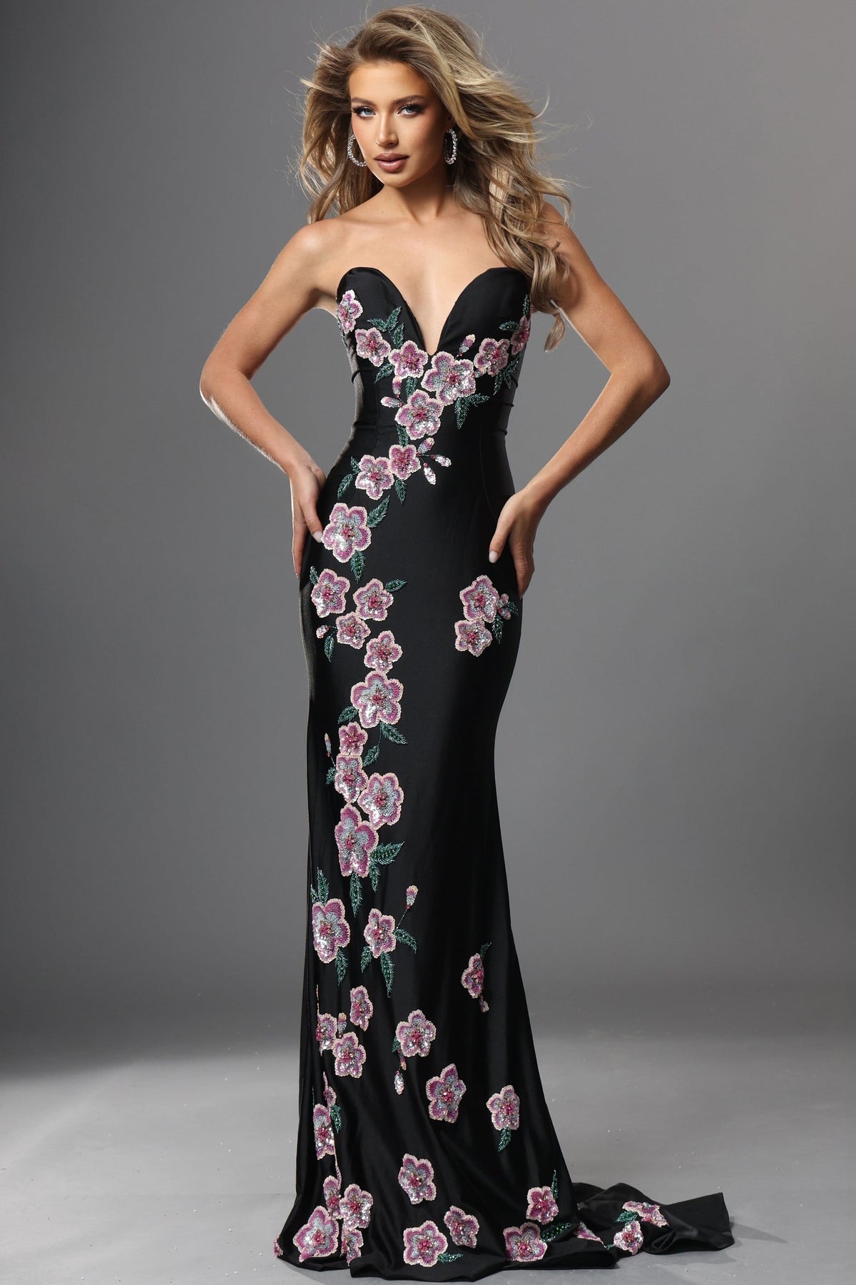 Jovani Evening Dress Black Sequin Floral Sheath Long Dress - Jovani 49430