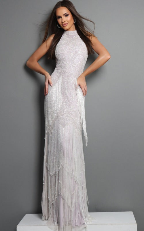 Jovani Evening Dress Blush Silver Halter Neck Art Deco Fringe Dress - Jovani 44061