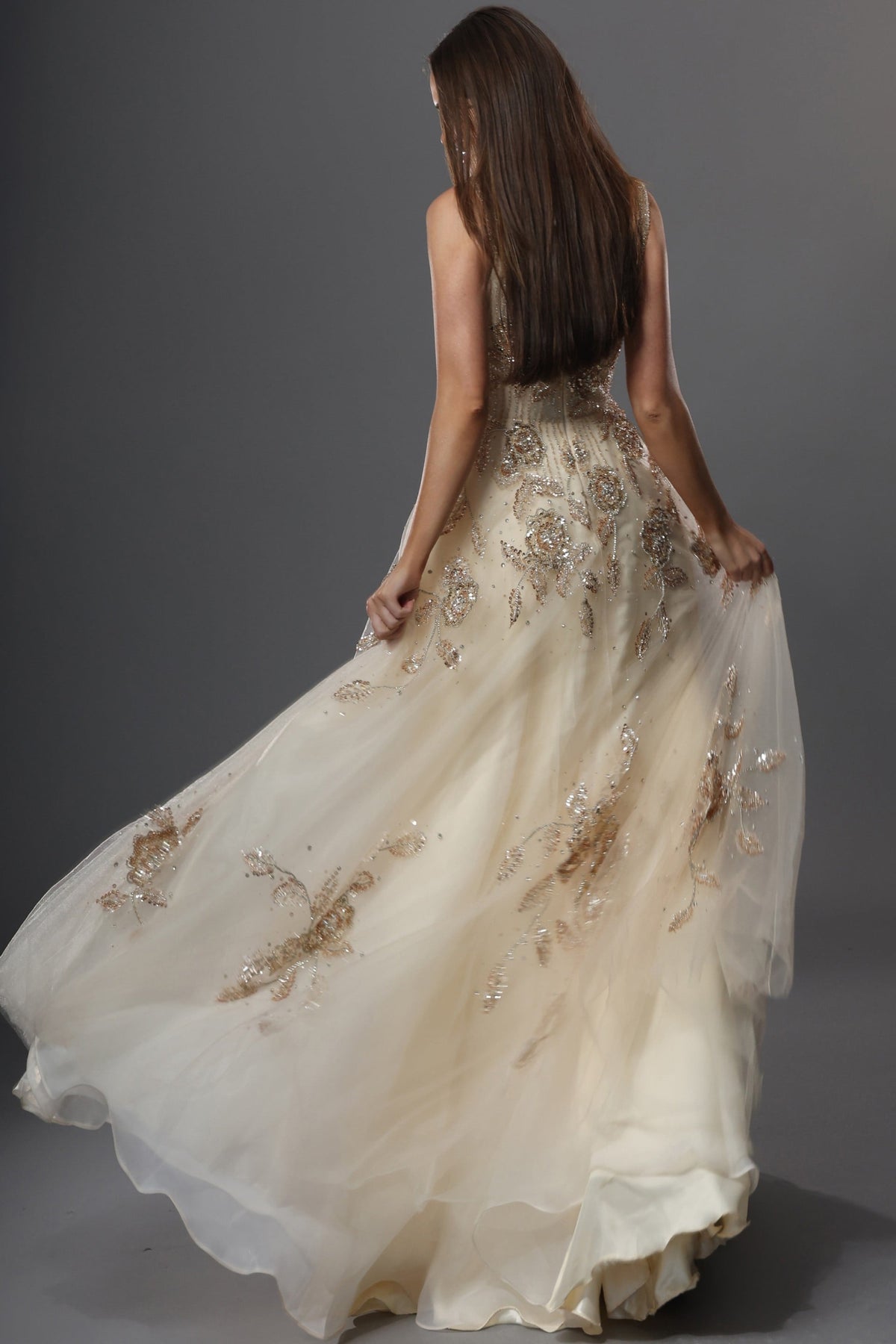 Jovani Evening Dress Champagne Sequin Floral A Line Long Dress - Jovani 49697