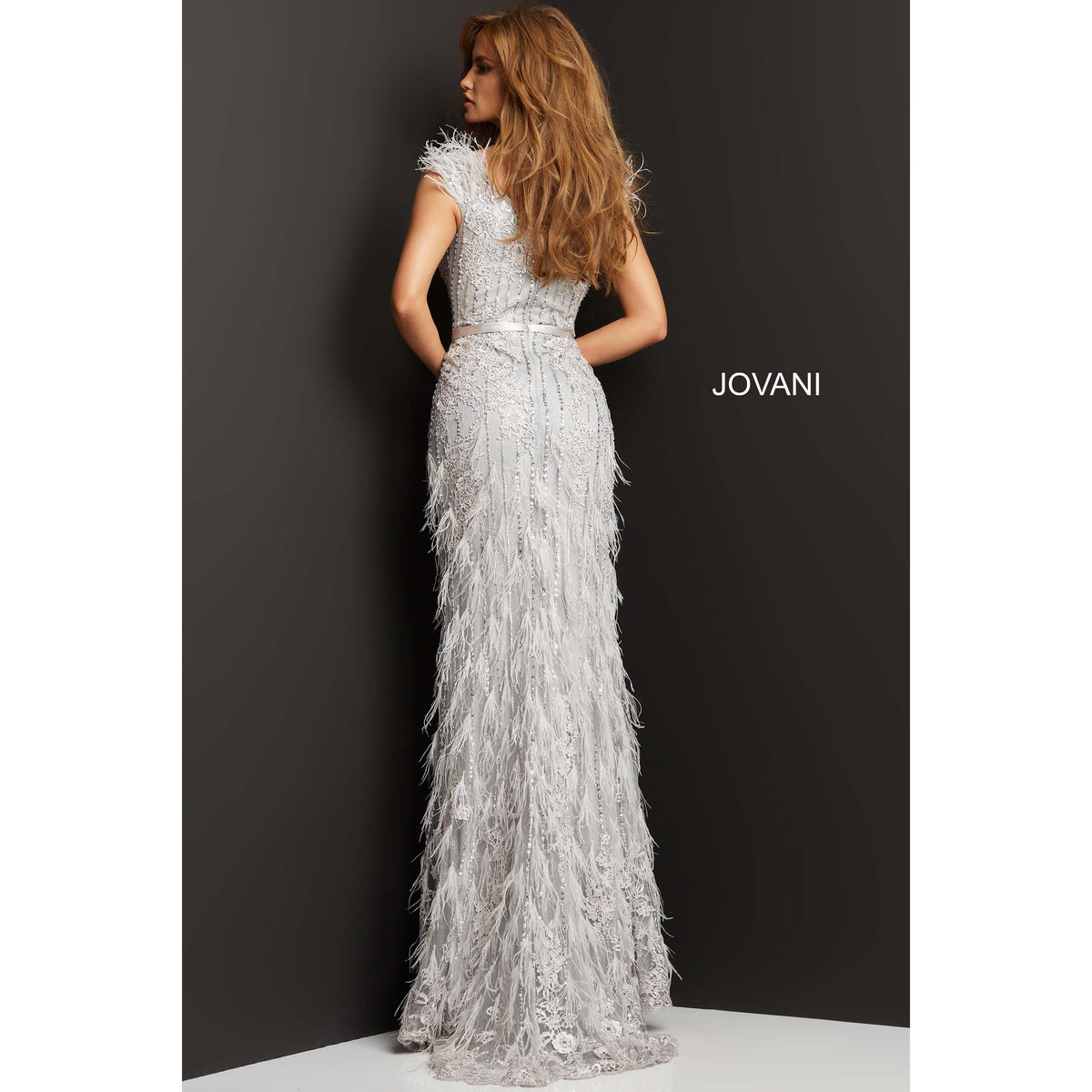 Jovani Evening Dress Jovani 03108 Silver Feather Embellished Evening Dress