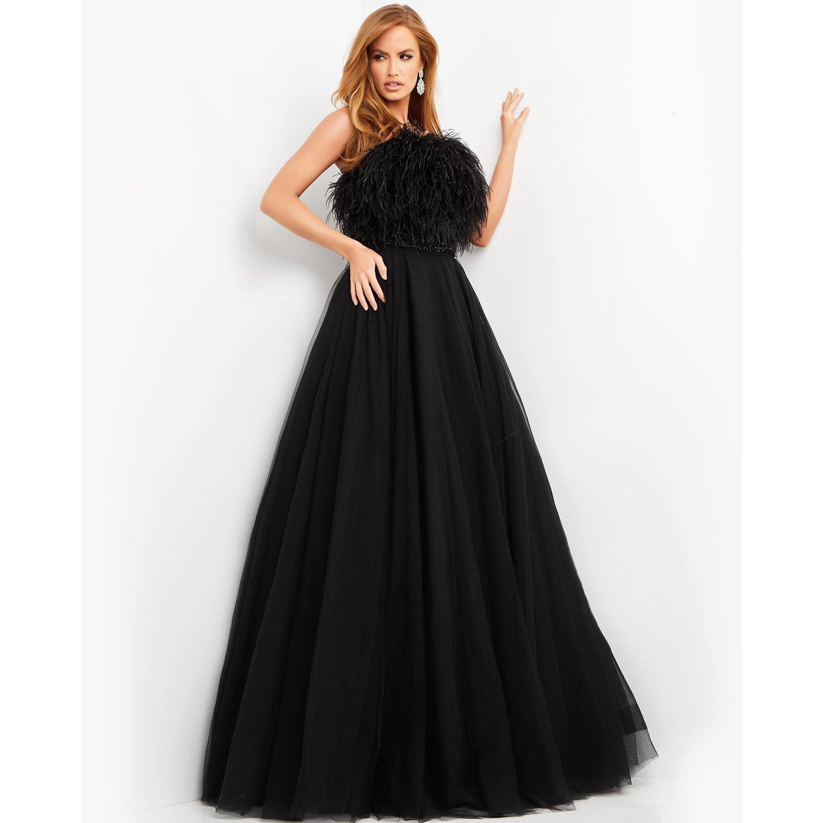 Jovani Evening Dress Jovani 05624 Black Feather Bodice Evening Ballgown